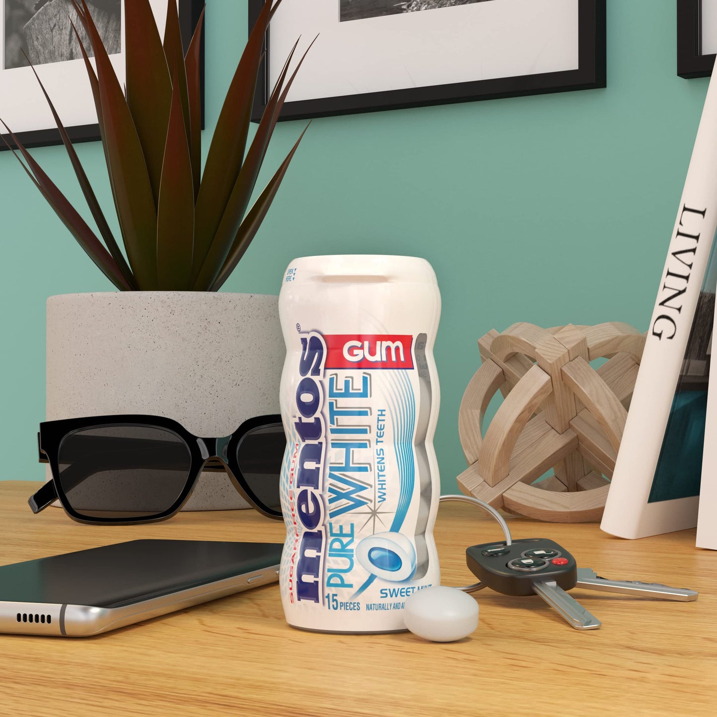 Mentos Gum Pocket Bottle, Pure White Sweet Mint, Non Melting, 1.06 oz