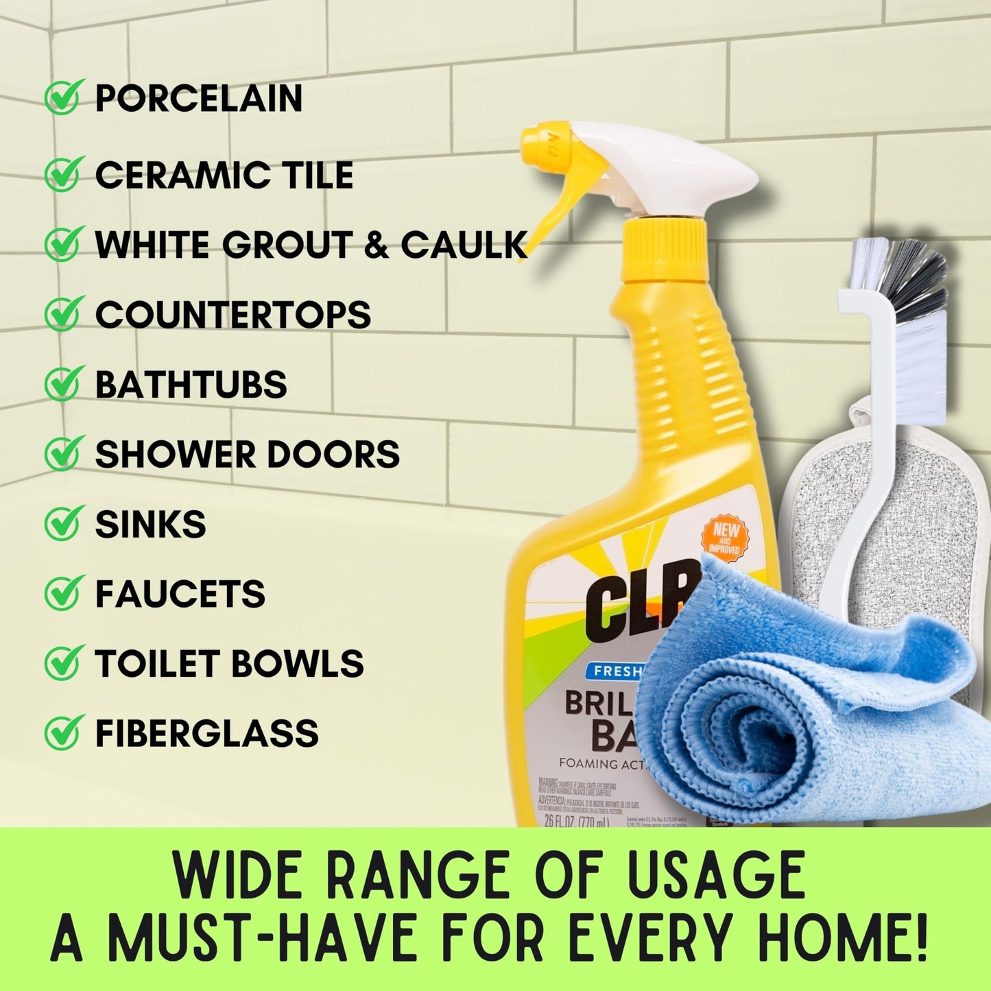 Cozy Home Luxe Bundle - 2 Pack CLR Brilliant Bath Cleaner Bundle With Microfiber Towel, Grout Brush & Scrub Sponge - 26oz CLR Bathroom Cleaner Spray