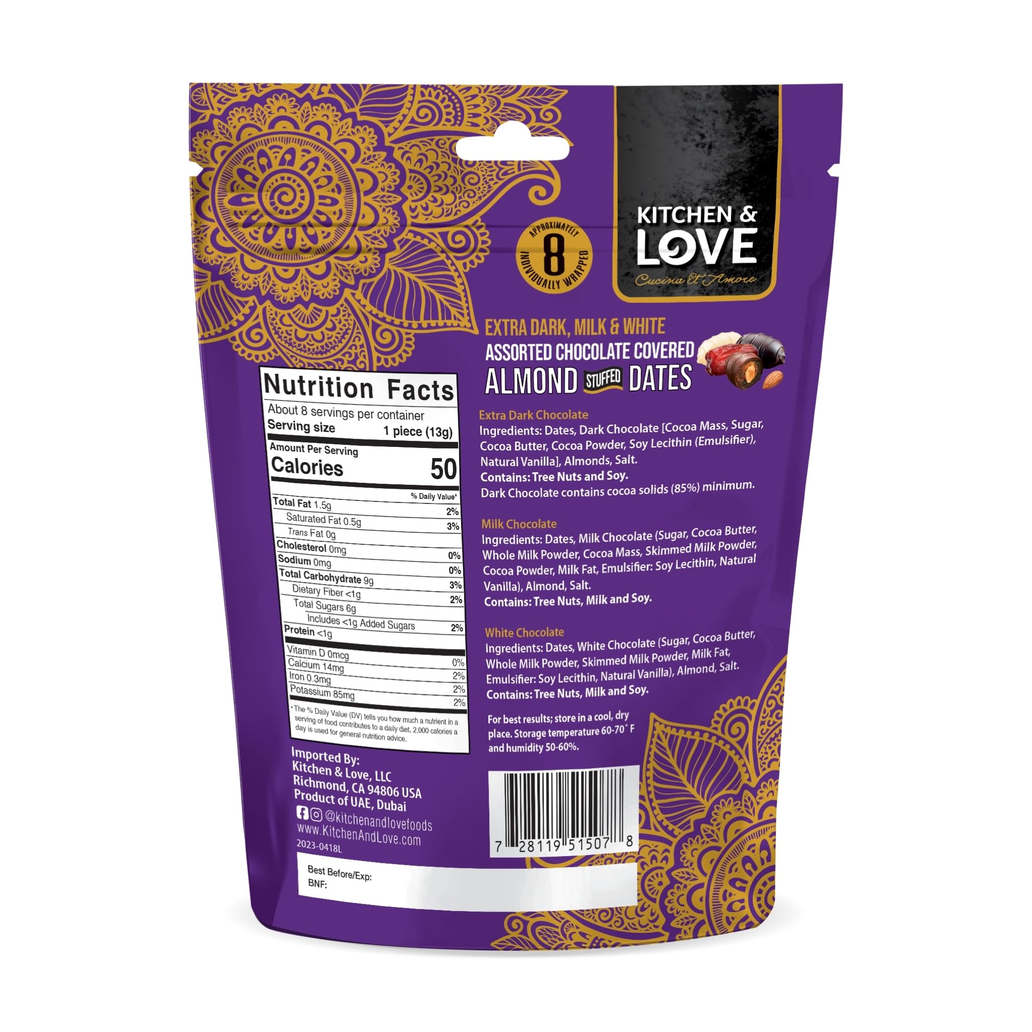 Kitchen & Love Assorted Chocolate Covered Almond Stuffed Dates in a Convenient Resealable Pouch, 8 Individually Wrapped Pieces, Healthy Snack, 3.5 oz