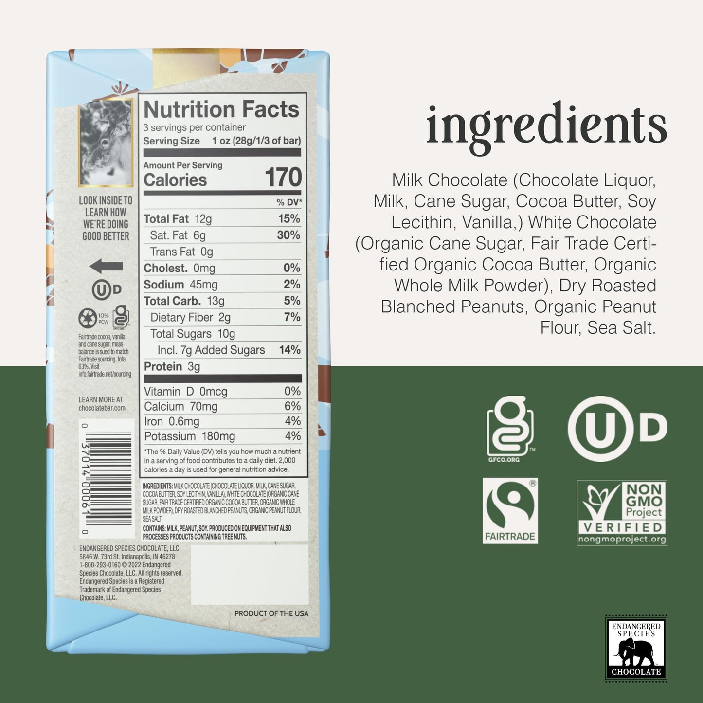 ENDANGERED SPECIES Fudgy Peanut Butter & Milk Chocolate Bar, 3 OZ