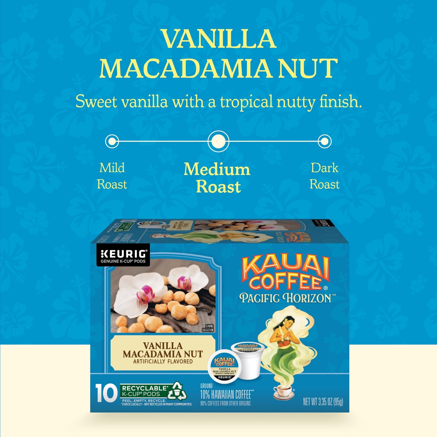 Kauai Coffee K-Cup Pods for Keurig Brewers - Arabica Coffee, 10% Hawaiian - Medium Roast, Vanilla Beans with Toasted Macabamia Nuts - Vanilla