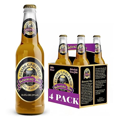 Flying Cauldron Butterscotch Beer Bottle, Pack of 4 (12 fl oz each) - Non Alcoholic Butterscotch beer made with Cane Sugar - Exotic Soda Ideal for All