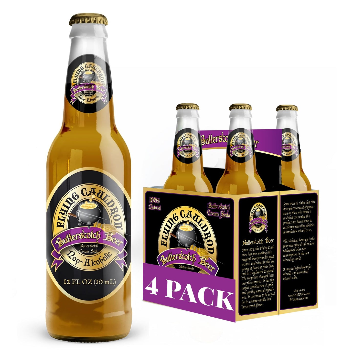 Flying Cauldron Butterscotch Beer Bottle, Pack of 4 (12 fl oz each) - Non Alcoholic Butterscotch beer made with Cane Sugar - Exotic Soda Ideal for All