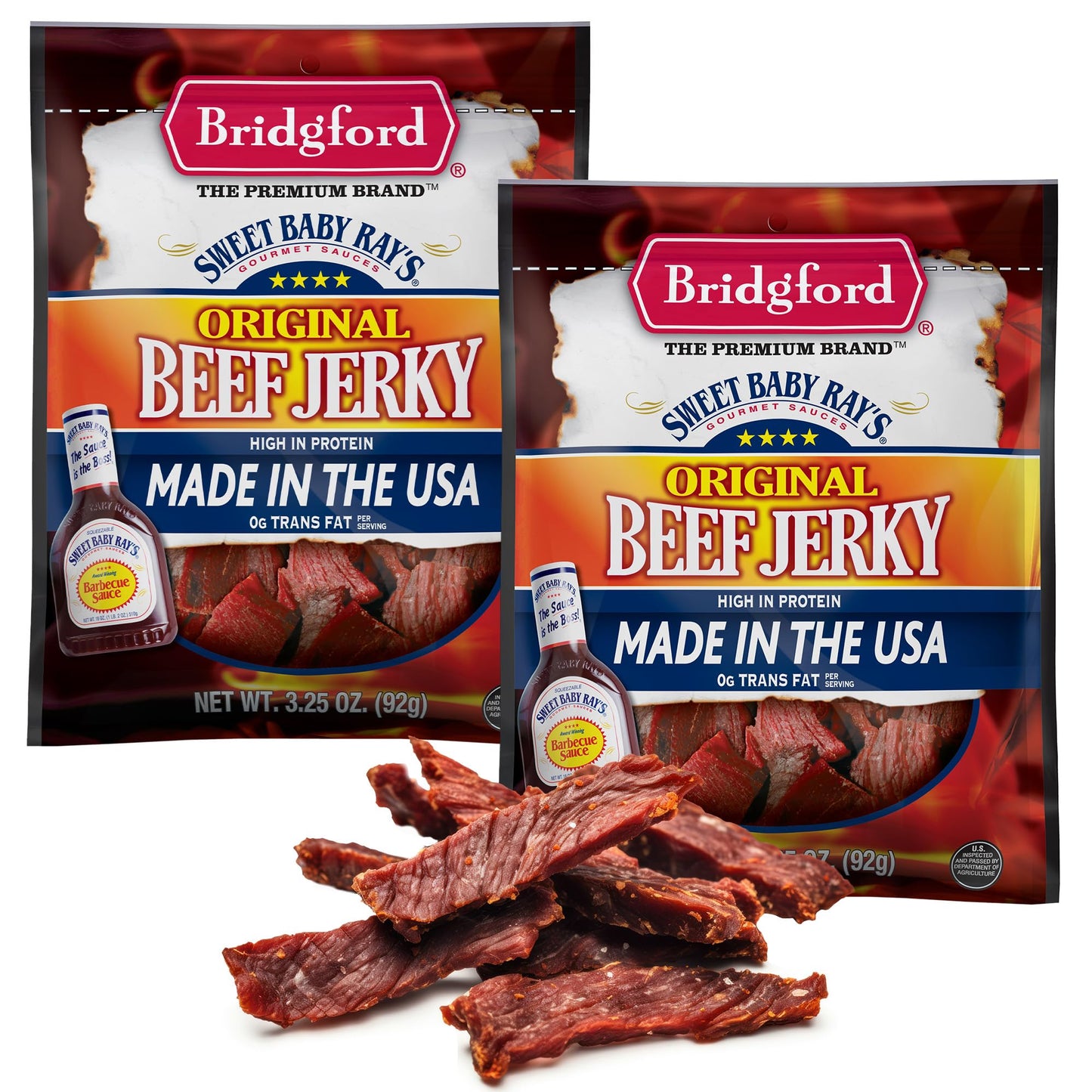 Bridgford Sweet Baby Ray’s Beef Jerky Original 3.25 oz Pack of 2 - Healthy High Protein Beef Jerky for Your Dietary Preferences - Ready-to-Eat Snacks