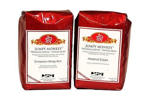 Jumpy Monkey® Coffee Cinnamon Sticky Bun & Hazelnut Cream Flavored Blends - Medium Roast, 100% Arabica, Whole Bean Coffee, For Cold Brew and French