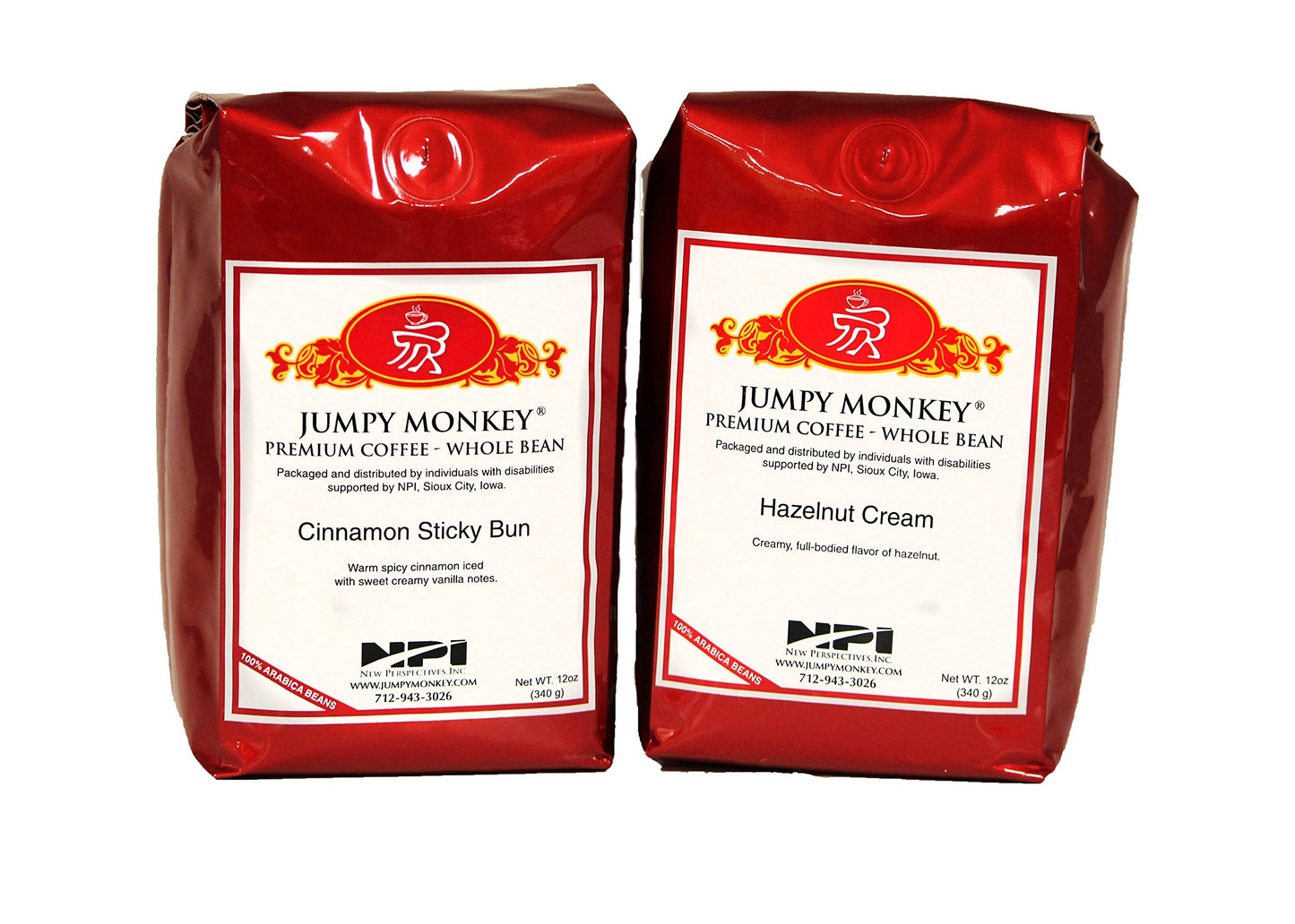 Jumpy Monkey® Coffee Cinnamon Sticky Bun & Hazelnut Cream Flavored Blends - Medium Roast, 100% Arabica, Whole Bean Coffee, For Cold Brew and French
