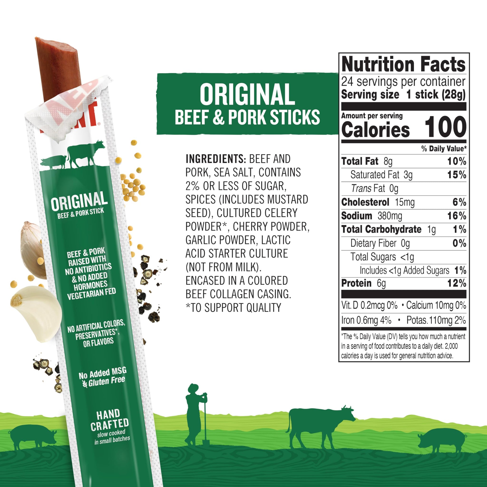 Snack Sticks by Vermont Smoke & Cure - Original Flavor - Beef & Pork - Healthy Meat Protein - 1oz Jerky Stick - 1 Count (Pack of 1)