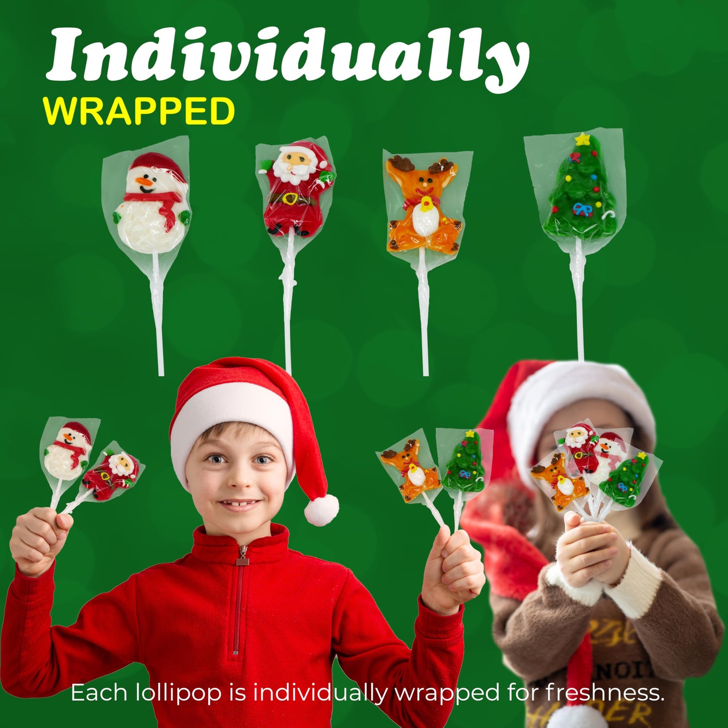 4E's Novelty 24 Pack Christmas Lollipops Santa, Snowman, Reindeer, Tree, Christmas Lollipops Individually Wrapped Bulk, Candy Suckers, Stocking