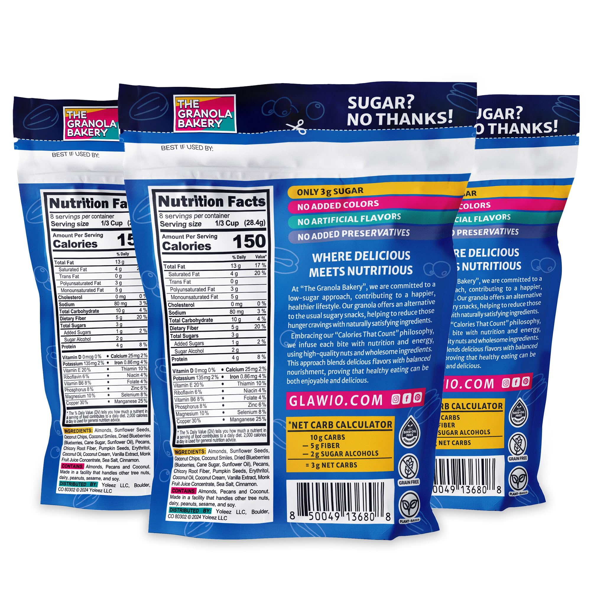 TGB Blueberry Granola Cereal, Keto Friendly Snack, No Added Sugar, Gluten Free, High Fiber, 8oz Resealable Bag (Pack of 3)