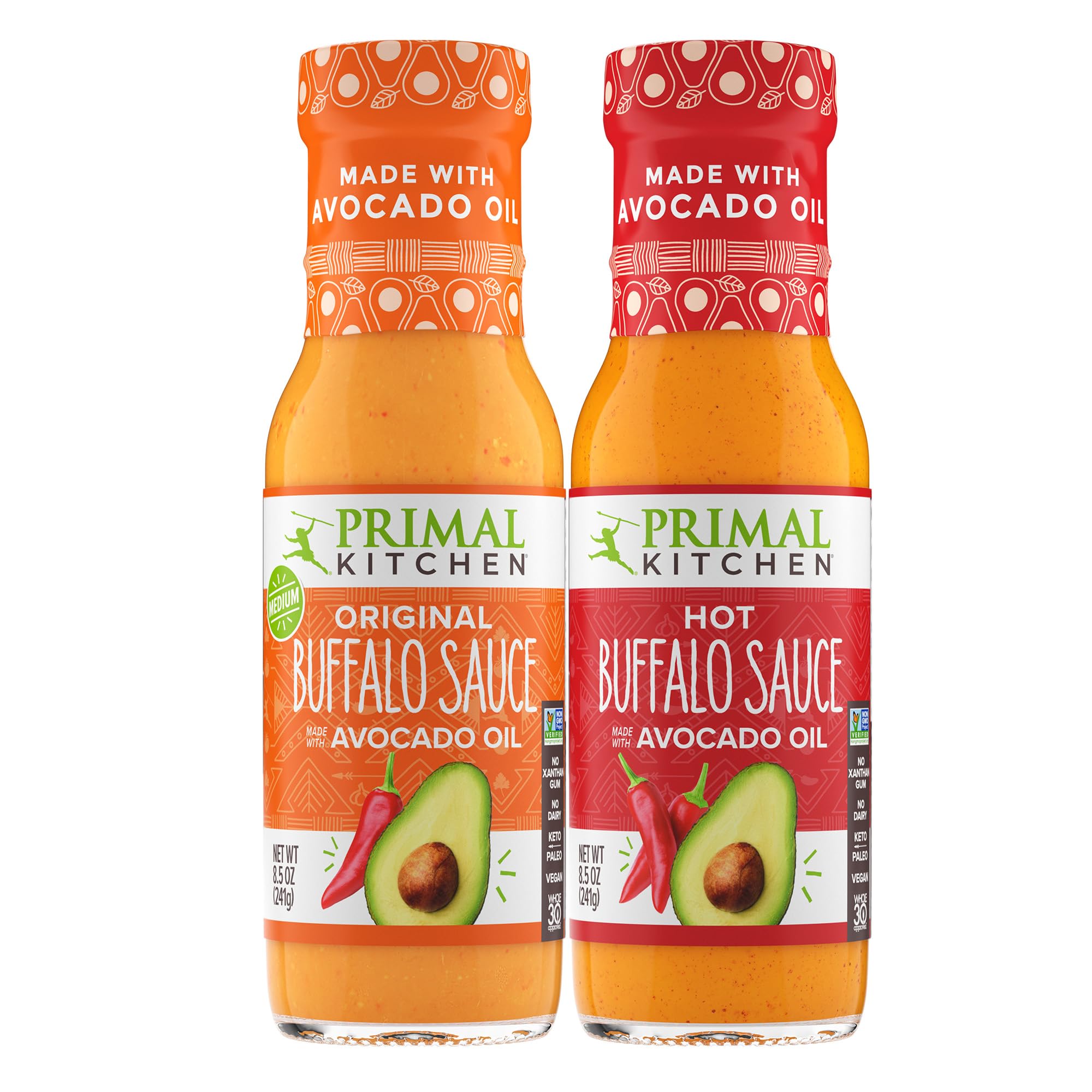 Primal Kitchen No-Dairy Buffalo Sauce Variety 2-Pack, Made with Avocado Oil and Real Ingredients, Includes 1 Original & 1 Hot Buffalo Sauce