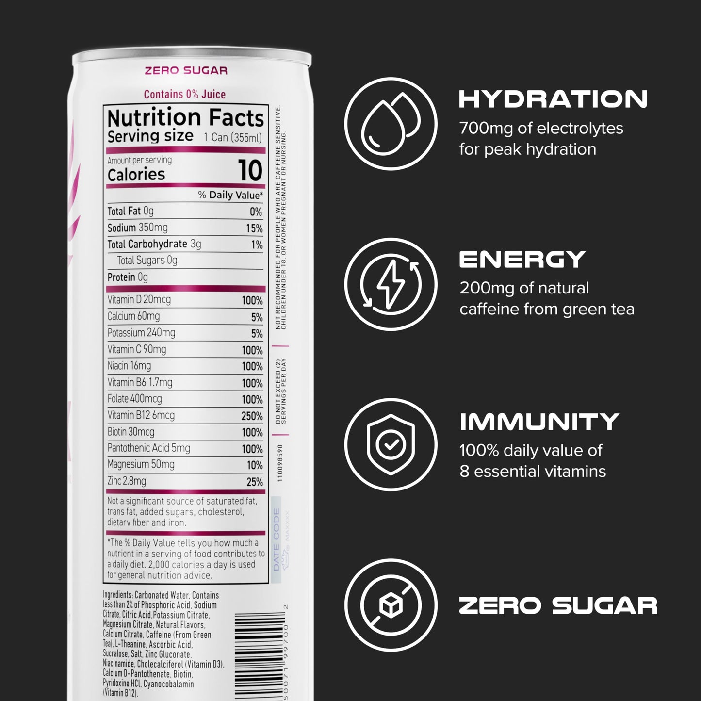 PHX Hydration Energy Drink - 700mg Electrolytes, 200mg Natural Green Tea Caffeine, 100% Daily Value 8 Essential Vitamins - 12 oz Cans (12 Pack) (12