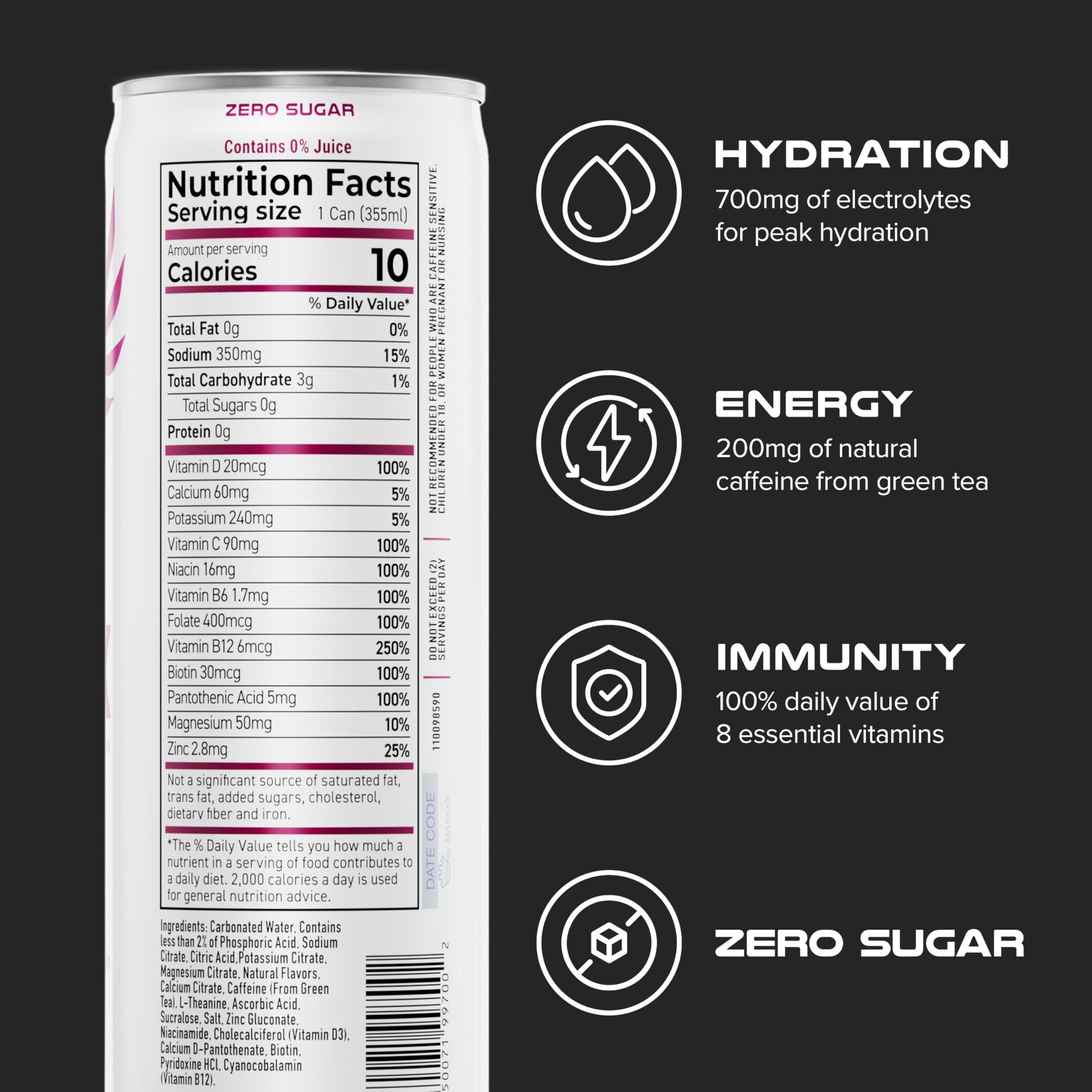 PHX Hydration Energy Drink - 700mg Electrolytes, 200mg Natural Green Tea Caffeine, 100% Daily Value 8 Essential Vitamins - 12 oz Cans (12 Pack) (12