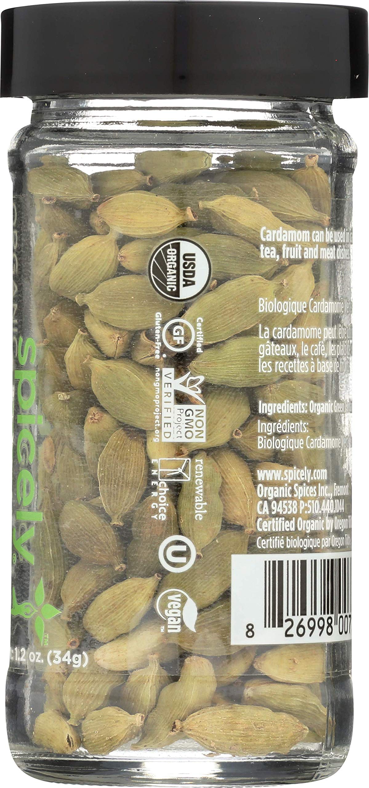 Spicely Organics Cardamom Pods Green Whole 1.20 Ounce Jar Certified Gluten Free
