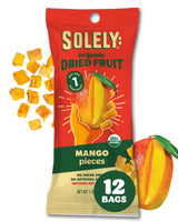 SOLELY - Organic Dried Fruit Mango Pieces (1 Box, 12 Single Serving Bags per Box) - Real Fresh Fruit - Healthy Snacks for Adults & Kids - Non GMO
