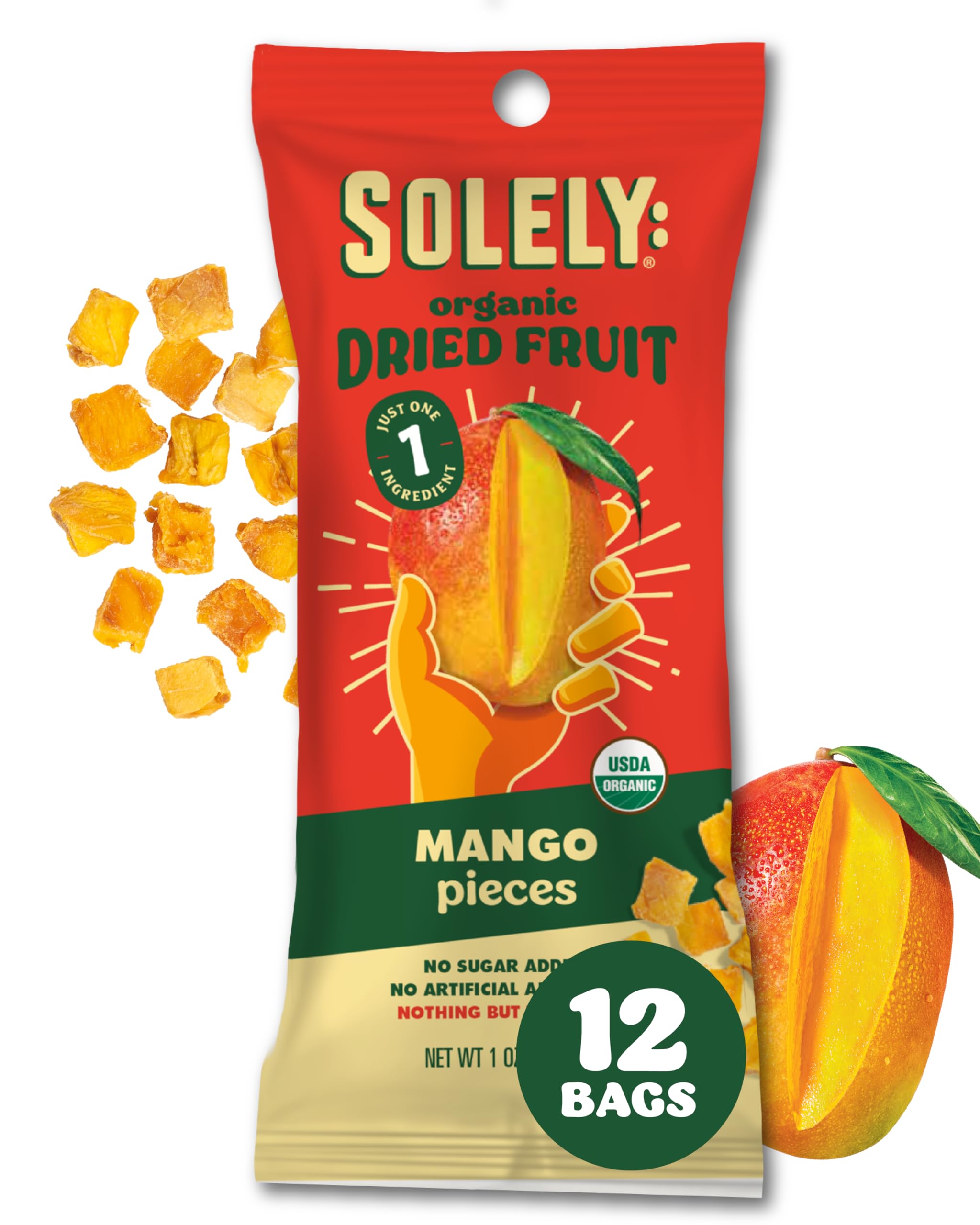SOLELY - Organic Dried Fruit Mango Pieces (1 Box, 12 Single Serving Bags per Box) - Real Fresh Fruit - Healthy Snacks for Adults & Kids - Non GMO