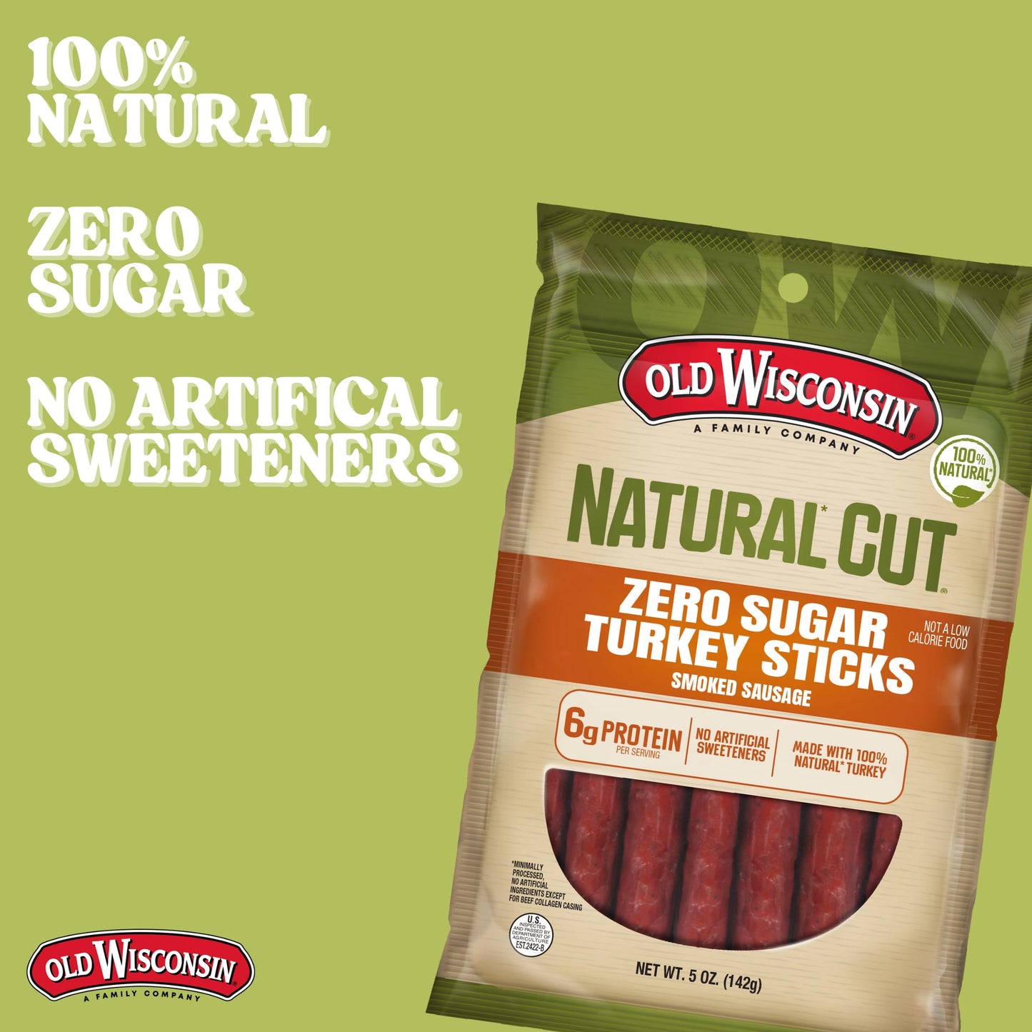 Old Wisconsin Natural Cut Turkey Sausage Snack Sticks, Zero Sugar, Naturally Smoked, Ready to Eat, High Protein, Low Carb, Keto, Gluten Free, No
