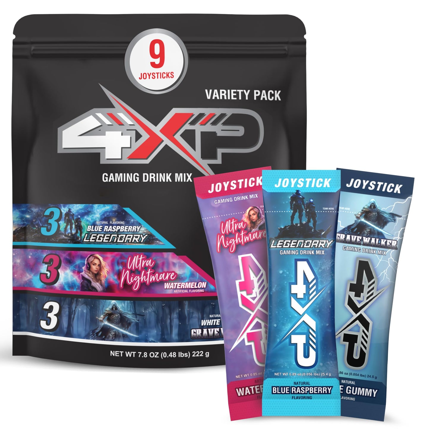4XP Joystick Variety Pack | Nine Single?Serve Gaming Energy Drink Sticks with Blue Raspberry, Watermelon & White Gummy Flavors | Low Caffeine