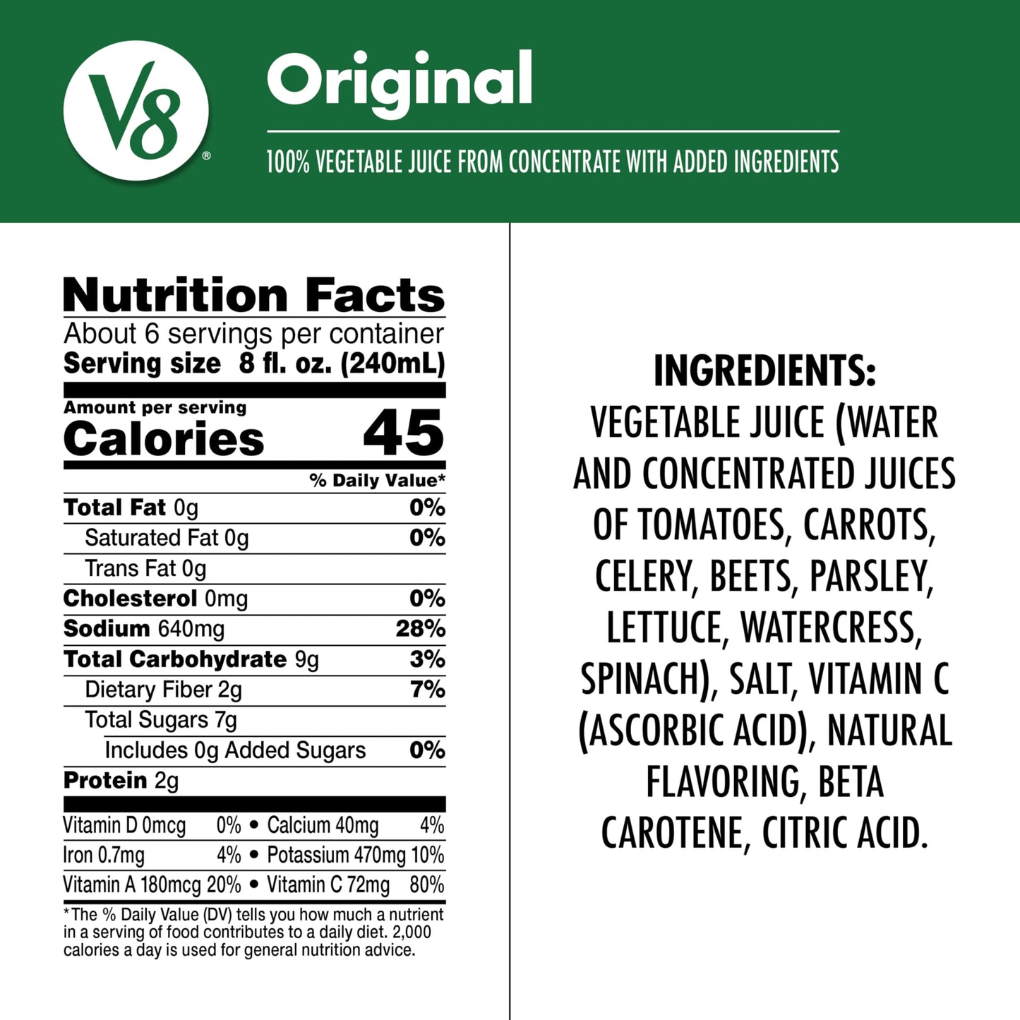 V8 Original 100% Vegetable Juice, 46 fl oz Bottle