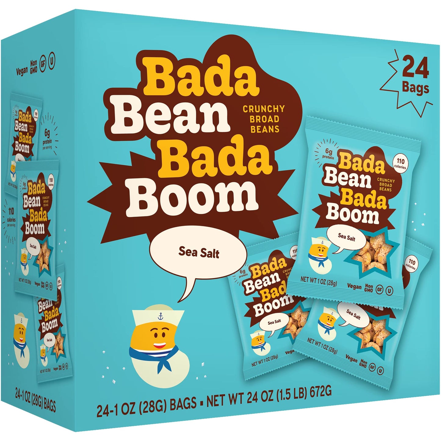 Enlightened Bada Bean Bada Boom - Plant-Based Protein, Gluten Free, Vegan, Crunchy Roasted Broad (Fava) Bean Snacks, 100 Calories per Serving, Sea