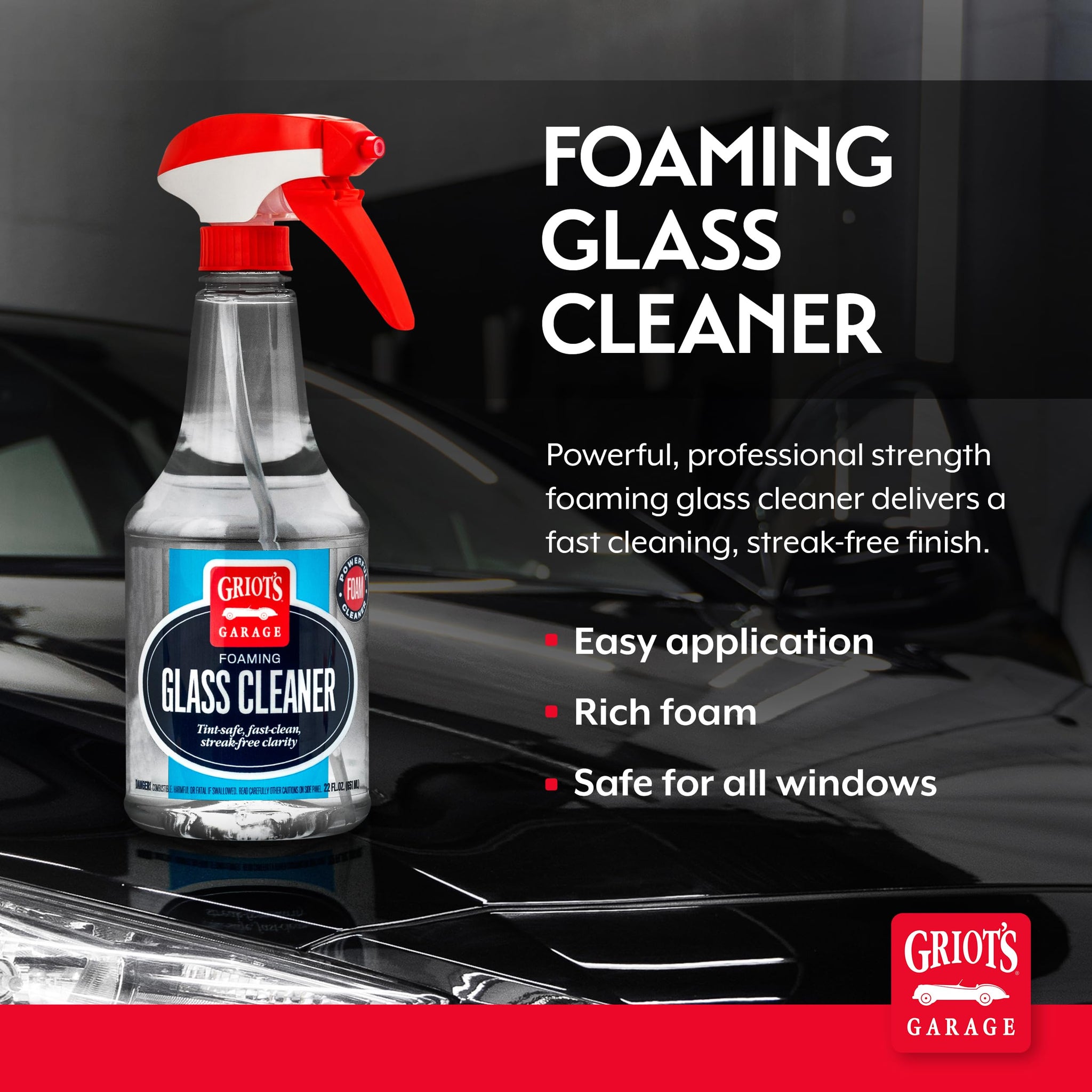 Griot's Garage Foaming Glass Cleaner Spray for Car Window, Windshield, Mirror, Tint Safe, No Streak, Dye and Ammonia-Free Formula, 22 Oz, 10891