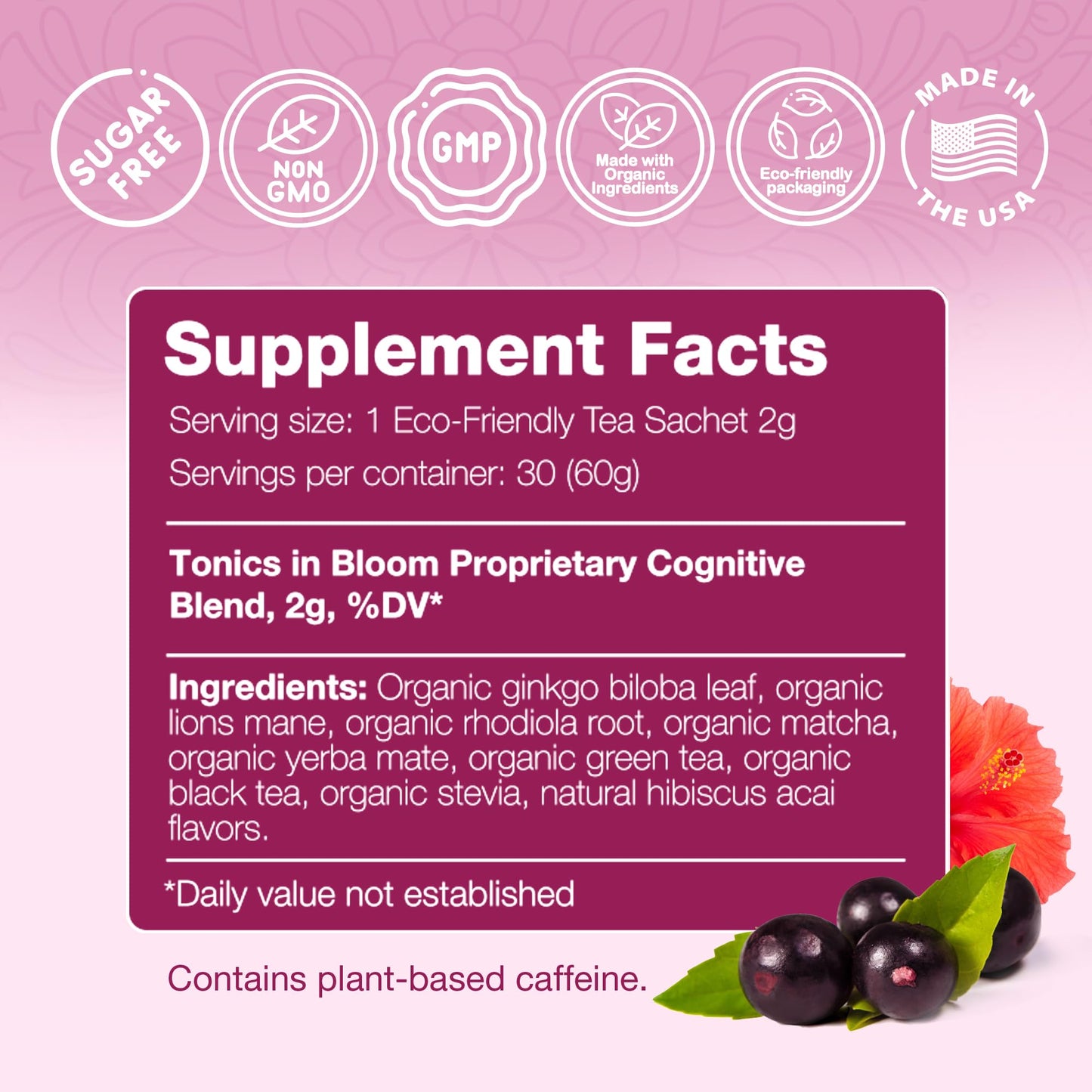ANATOPEAK Brain Health Organic Herbal Tea - Yerba Mate, Rhodiola, Ginkgo Biloba, Lions Mane Mushroom, Green Tea and Matcha - For Brain Support