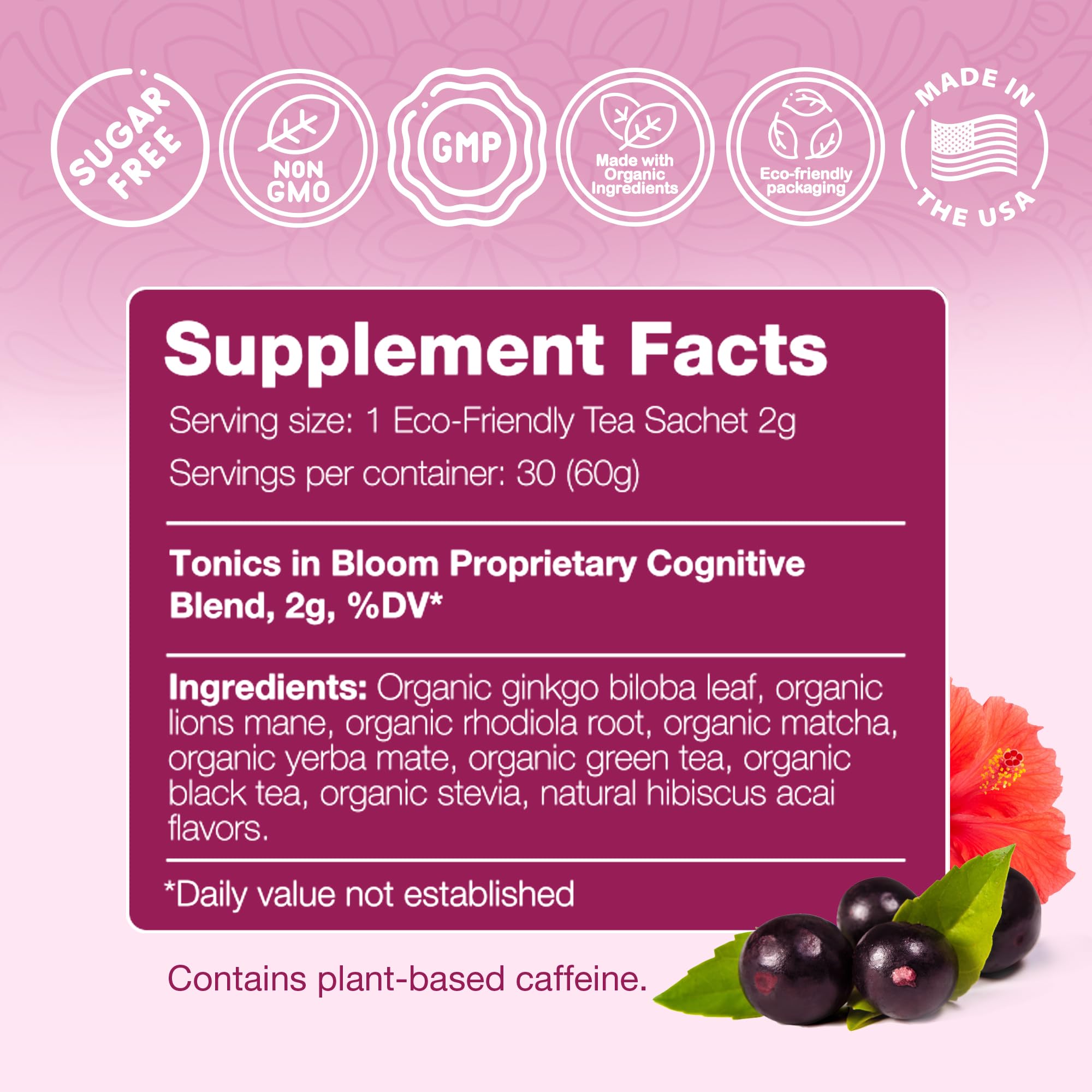 ANATOPEAK Brain Health Organic Herbal Tea - Yerba Mate, Rhodiola, Ginkgo Biloba, Lions Mane Mushroom, Green Tea and Matcha - For Brain Support