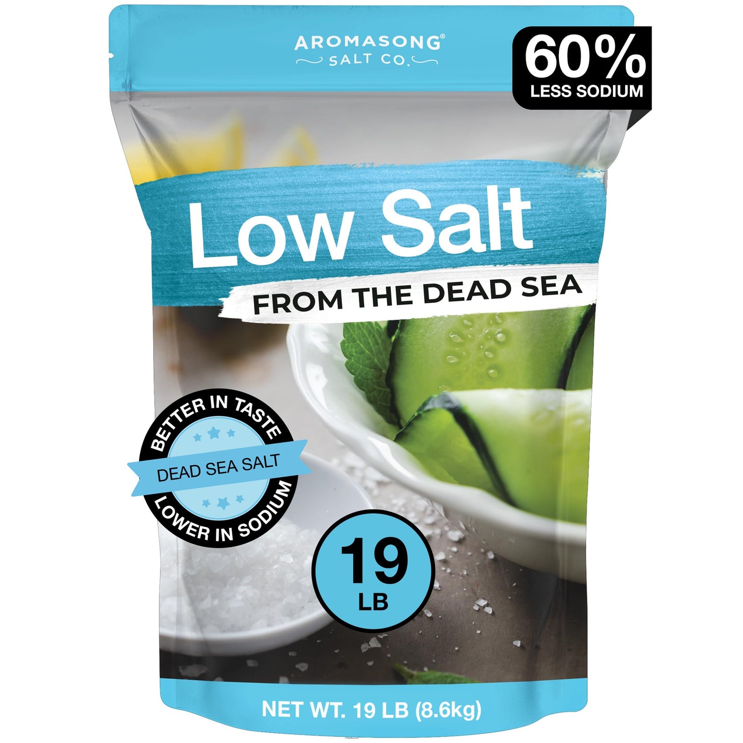 Aromasong Low Sodium Sea Salt - 100% Natural - 60% Less Sodium - Bulk 19 Lb Bag - Fine Grain Dead Sea Potassium Chloride with Dead Sea Salt - Used As
