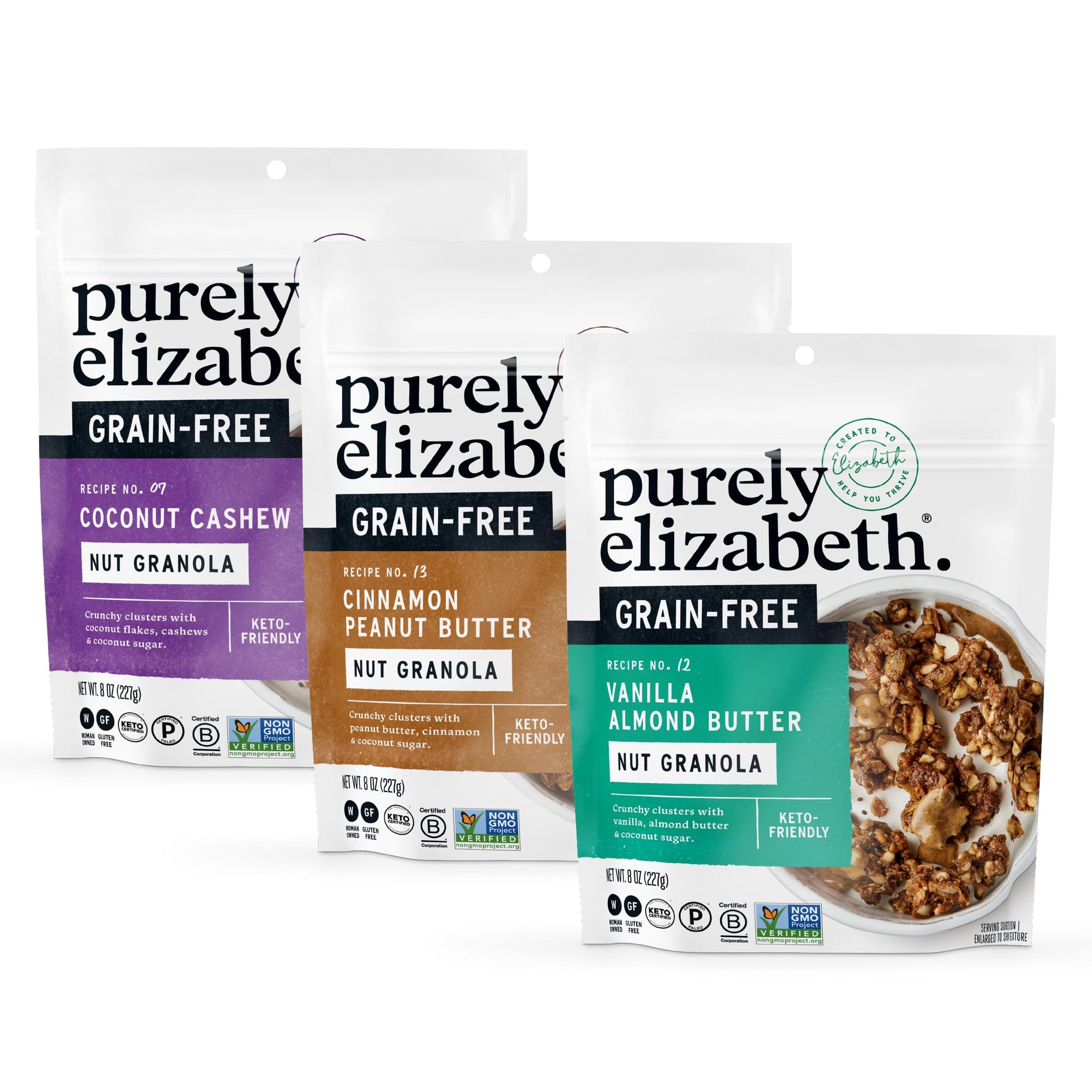 Purley Elizabeth Keto Granola Best Sellers Variety Pack, Made with Nuts and Seeds, Grain-Free, Gluten-Free, Non-GMO (3ct, 8oz Bags)