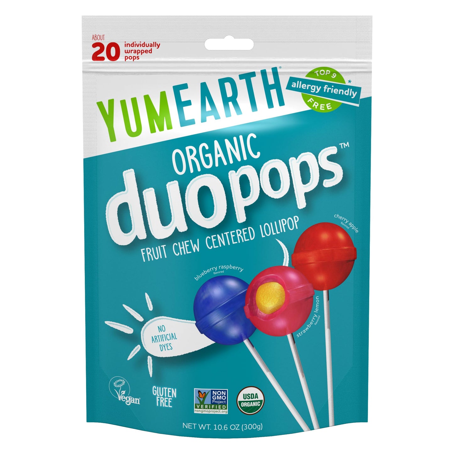 YumEarth Organic Duo Pops, Lollipops with Fruit Chew Centers - Allergy Friendly (Top 9 Free), No Artificial Dyes, Non GMO, Gluten Free, Vegan Candy