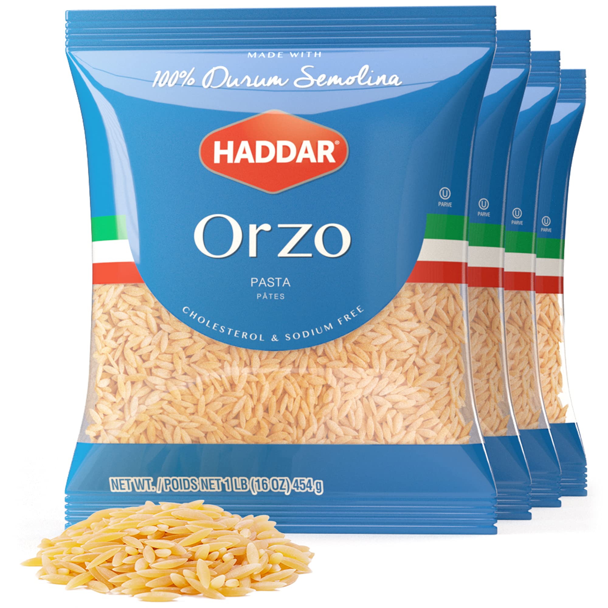 Haddar 100% Durum Semolina Orzo Pasta 16oz (4 Pack = 4 Lbs) | Great in Soups Stews & Salads | Risotto Replacement | Certified Kosher