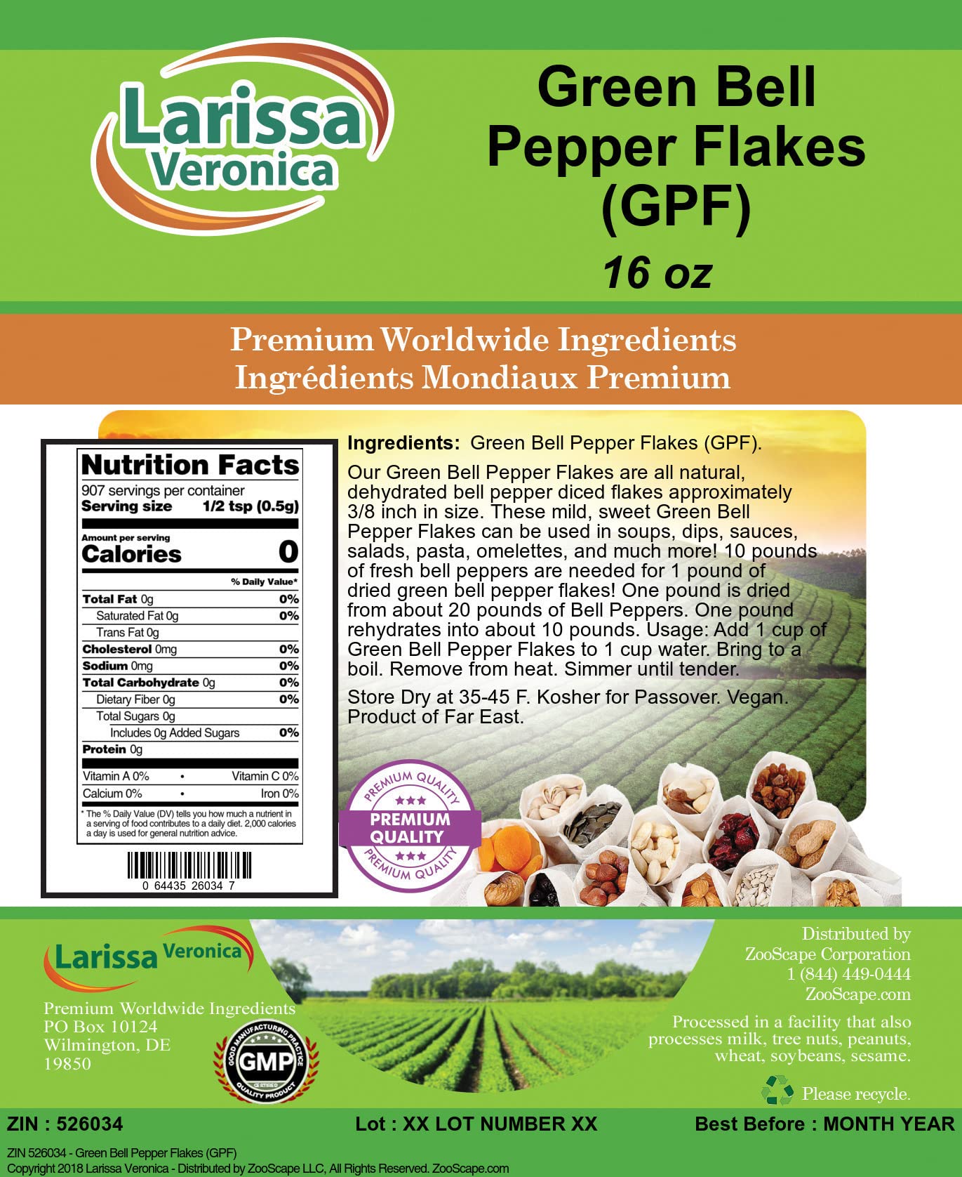 Green Bell Pepper Flakes (GPF) (16 oz, ZIN: 526034) - 3 Pack