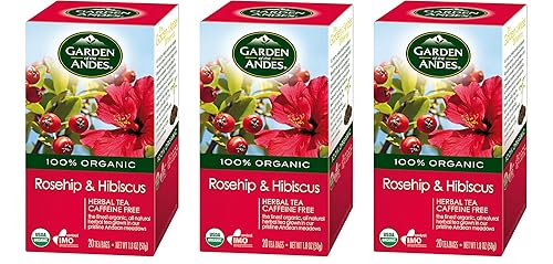 Garden of the Andes Herbal Organic Decaf Rosehip and Hibiscus Hot Tea Bags, 0.9 oz, 20 Count, (Pack of 3)