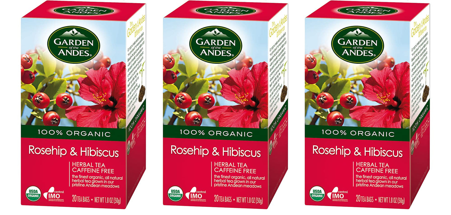 Garden of the Andes Herbal Organic Decaf Rosehip and Hibiscus Hot Tea Bags, 0.9 oz, 20 Count, (Pack of 3)