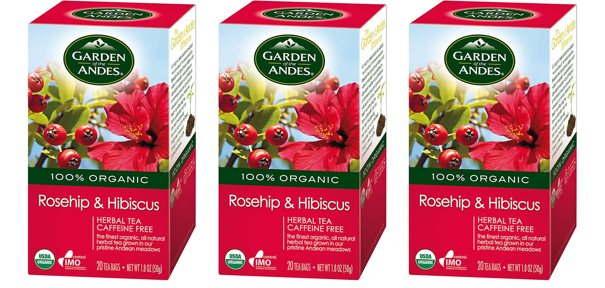 Garden of the Andes Herbal Organic Decaf Rosehip and Hibiscus Hot Tea Bags, 0.9 oz, 20 Count, (Pack of 3)