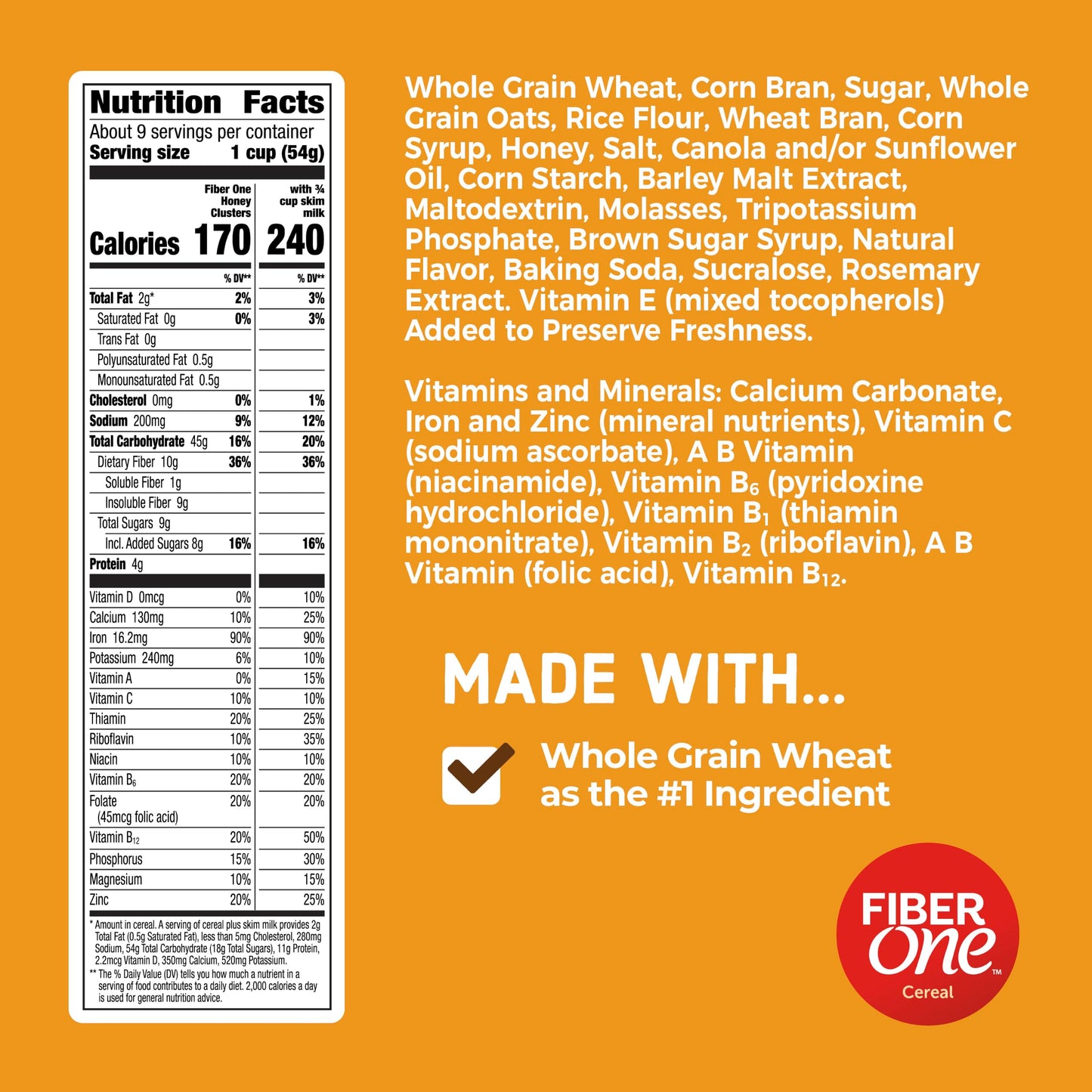 Fiber One Honey Clusters Breakfast Cereal, Fiber Cereal Made with Whole Grain, 17.5 oz