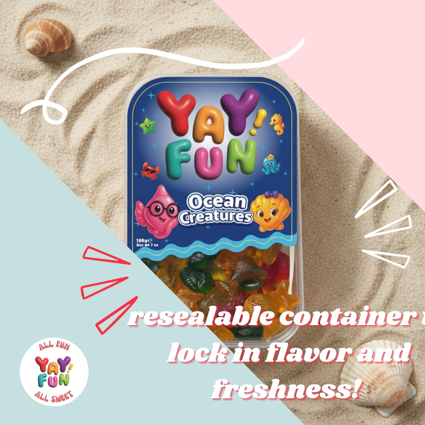Halal Mix Ocean Creatures Gummy Candy | 6 Pack Bundle (6x7 oz Tubs) | Assorted Sea Animal Shaped Gummies | Resealable Tubs in Bulk with Display Box |