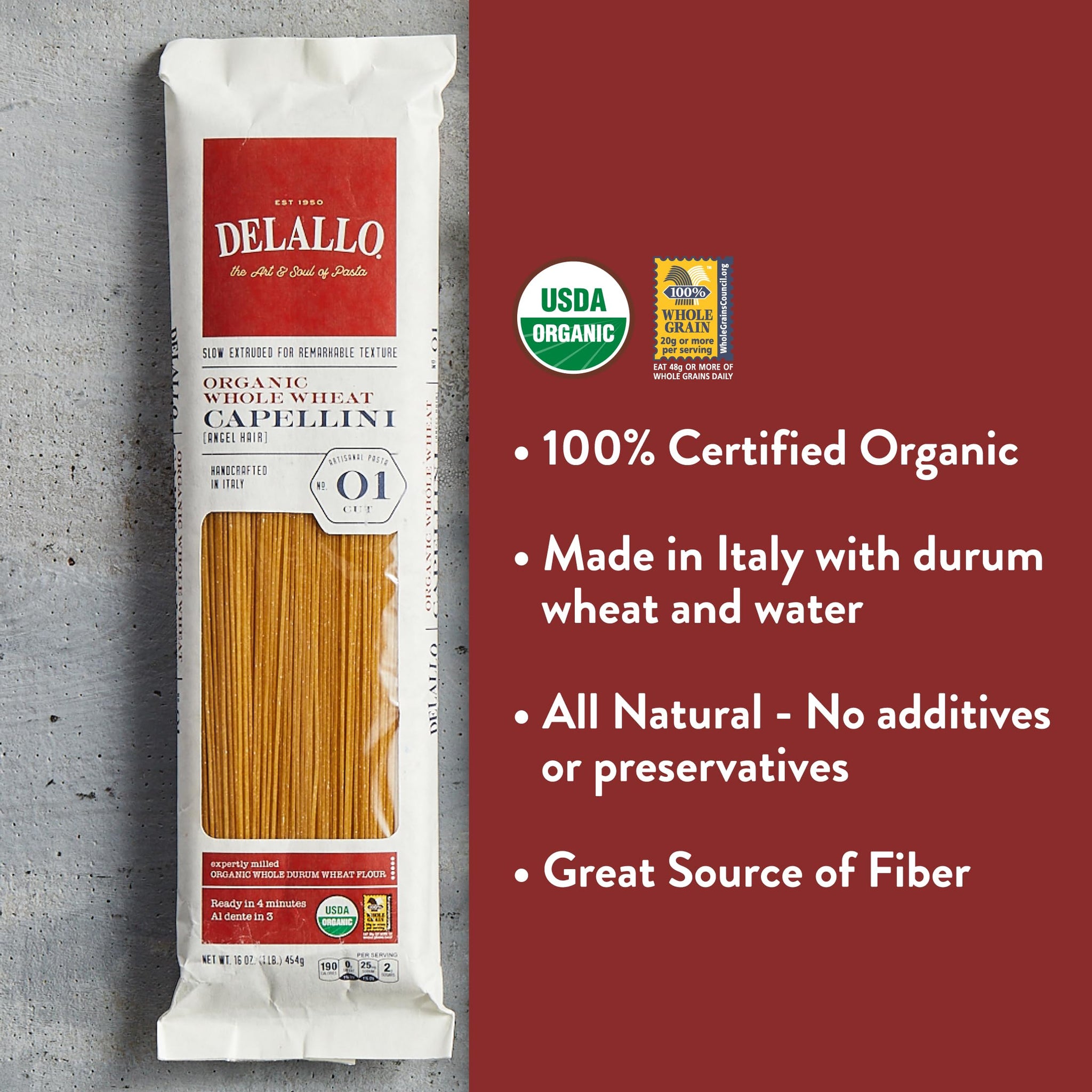 DeLallo Whole Wheat Capellini Pasta, 1 Pound Bag, 8 Pack, Authentic Angel Hair Noodles, 100% Durum Wheat, Made in Italy
