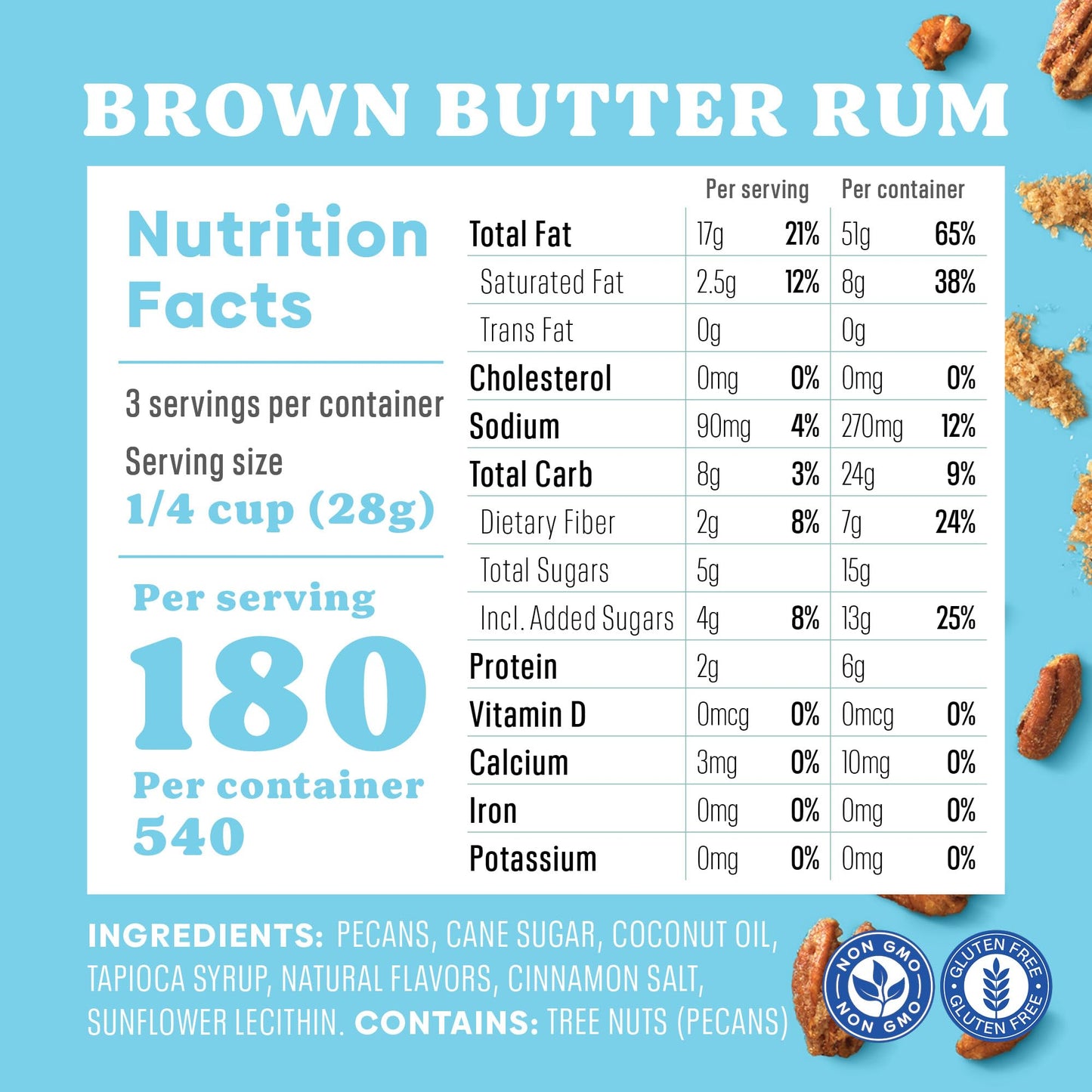 Evie's Brown Butter Rum Pecans - Roasted Texas Pecan Snacks - Healthy, Non-GMO, Gluten-Free and Vegan - 3 Oz, 2-Pack - Made-in-the-USA