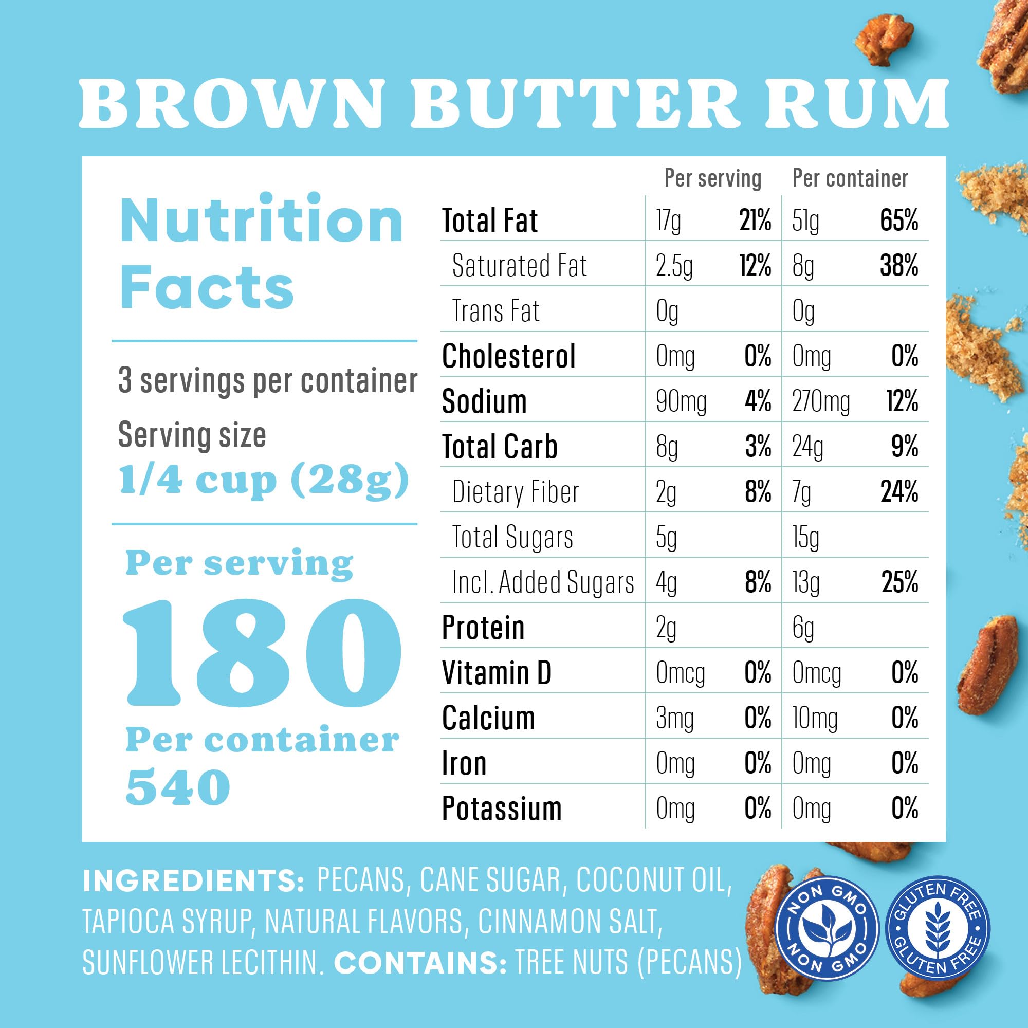 Evie's Brown Butter Rum Pecans - Roasted Texas Pecan Snacks - Healthy, Non-GMO, Gluten-Free and Vegan - 3 Oz, 2-Pack - Made-in-the-USA