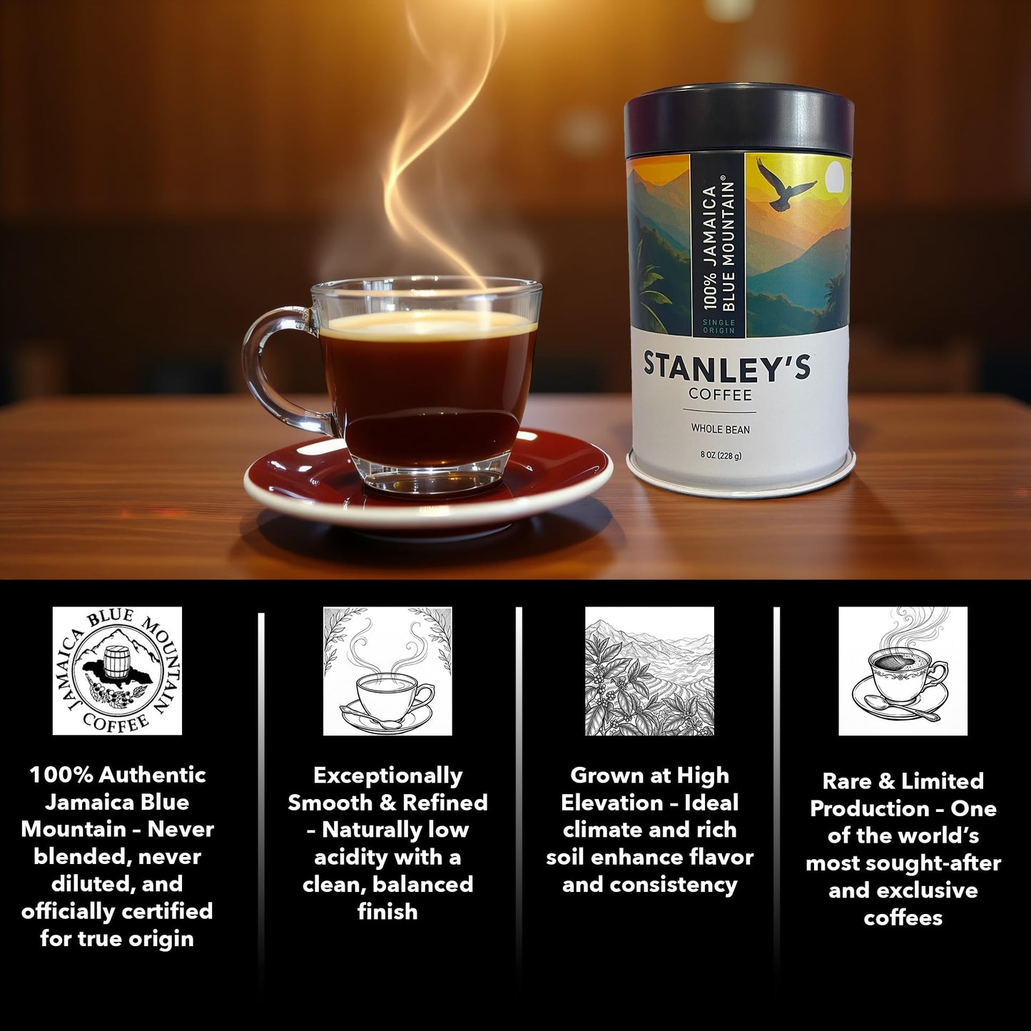 Stanley's Coffee - 100% Jamaica Blue Mountain Coffee, Authentic Whole Bean, Medium Roast, Certified Single Origin Gourmet Jamaican Coffee, Premium