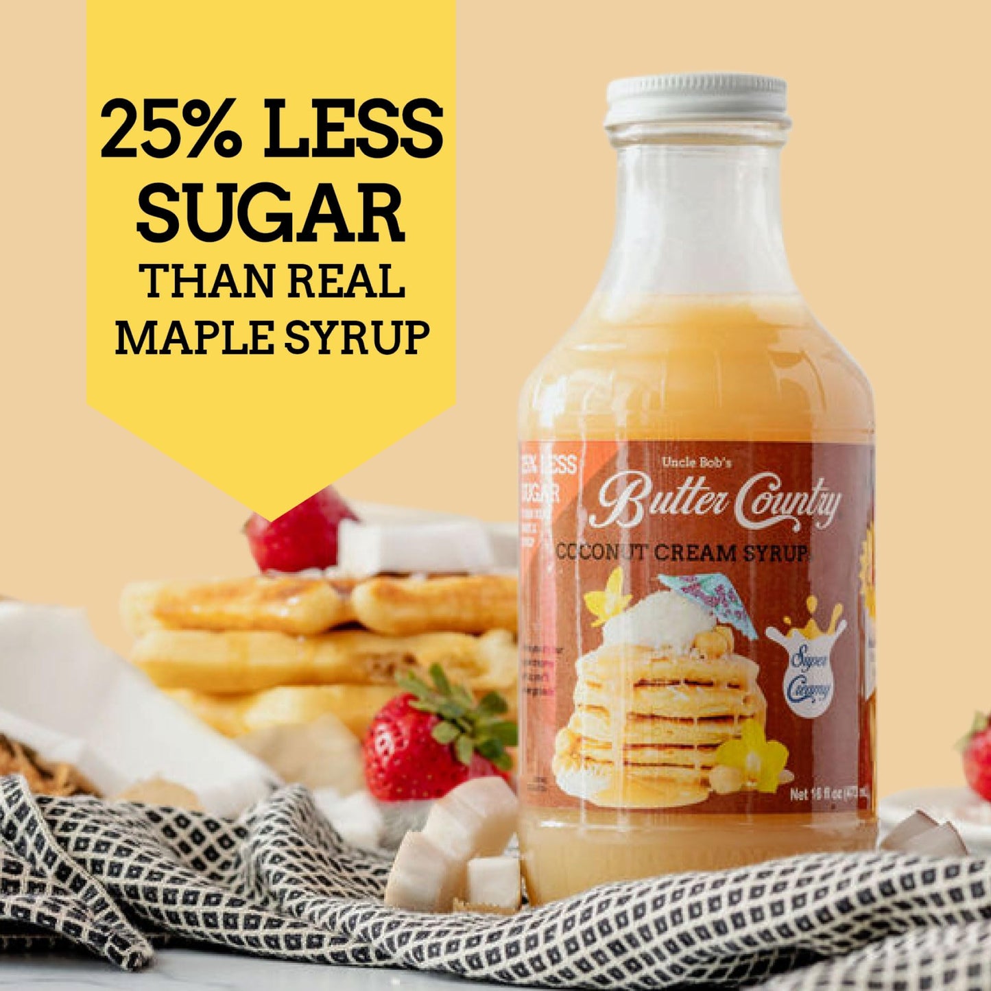 Uncle Bob's Butter Country Rich & Creamy Coconut Syrup for Pancakes and Waffles, Less Sugar, No Corn Syrup, Gluten Free, Made without Artificial Flavors, 16 fl oz Bottle