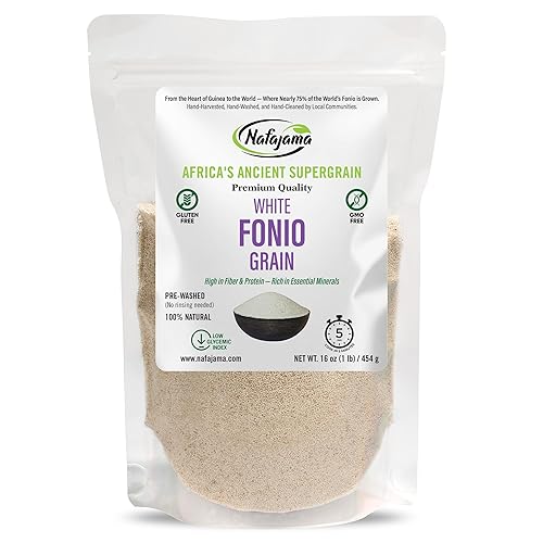 Nafajama Premium Gluten-Free White Fonio Grain | Pre-Washed Ancient African Super-Grain | Non-GMO, Vegan, High-Fiber Superfood | All-Natural, Uncooked - 1 Bag of 1 lb / 454g