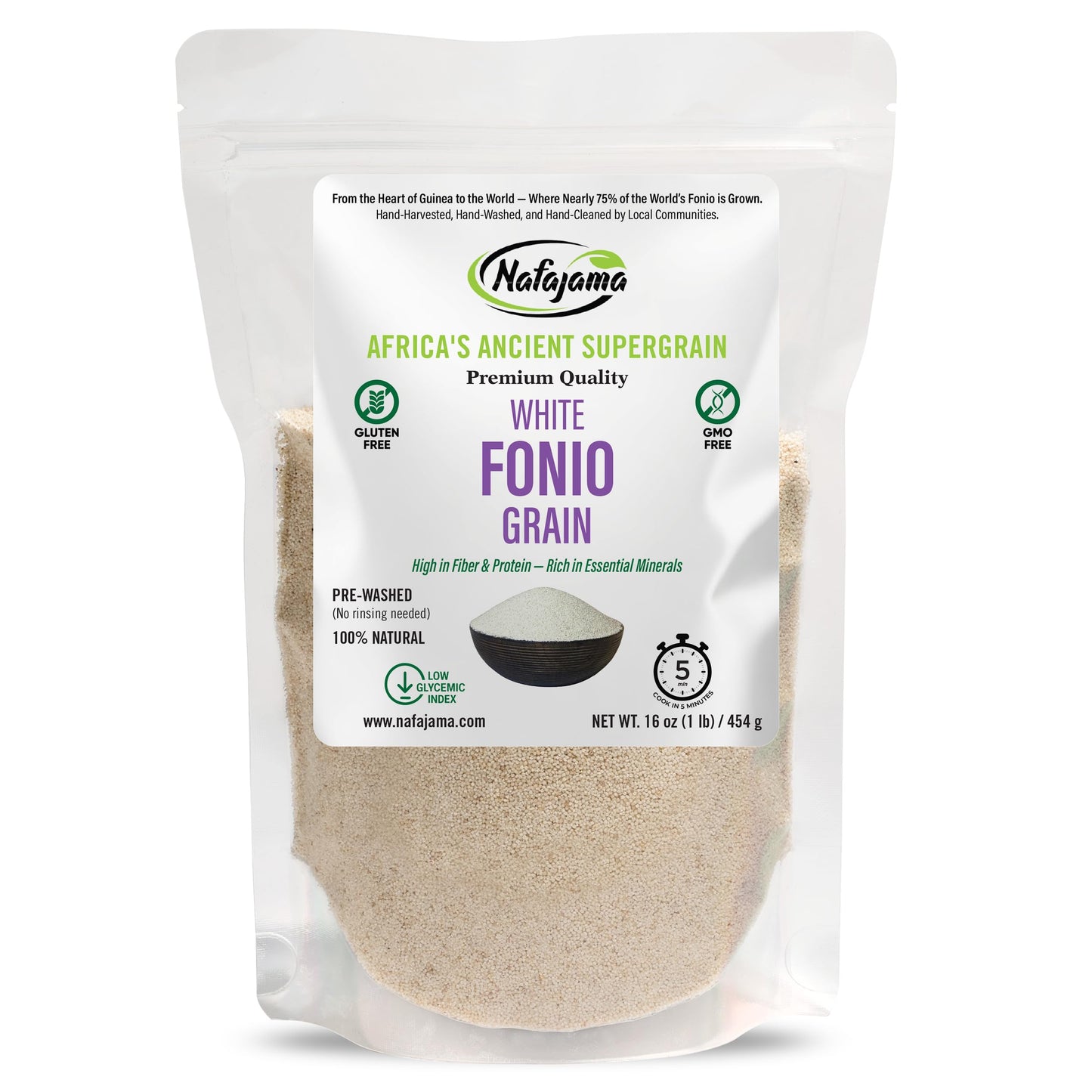 Nafajama Premium Gluten-Free White Fonio Grain | Pre-Washed Ancient African Super-Grain | Non-GMO, Vegan, High-Fiber Superfood | All-Natural, Uncooked - 1 Bag of 1 lb / 454g