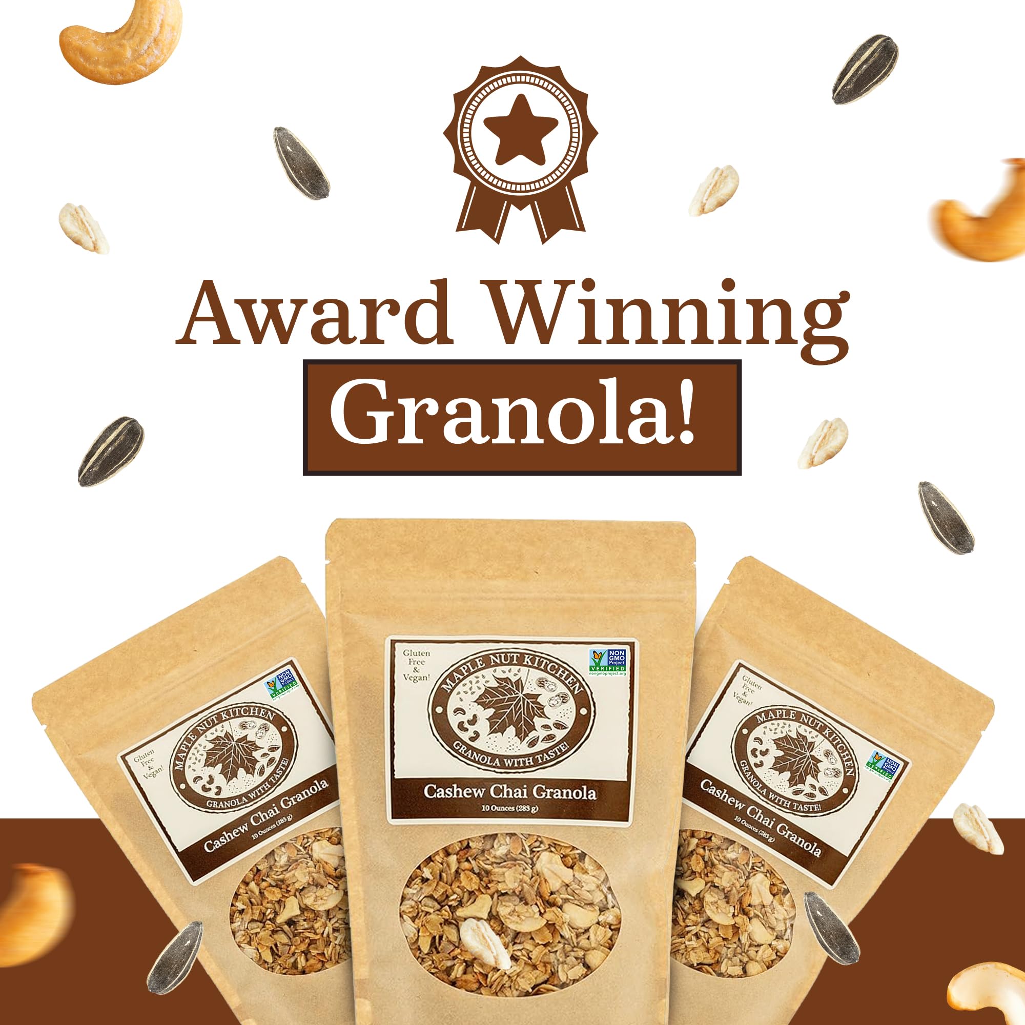Maple Nut Kitchen Gluten Free Chai Granola with Cashews 3 Pack - Certified Gluten Free Oats, Shredded Coconut, Sunflower Seeds, Maple Syrup - Healthy