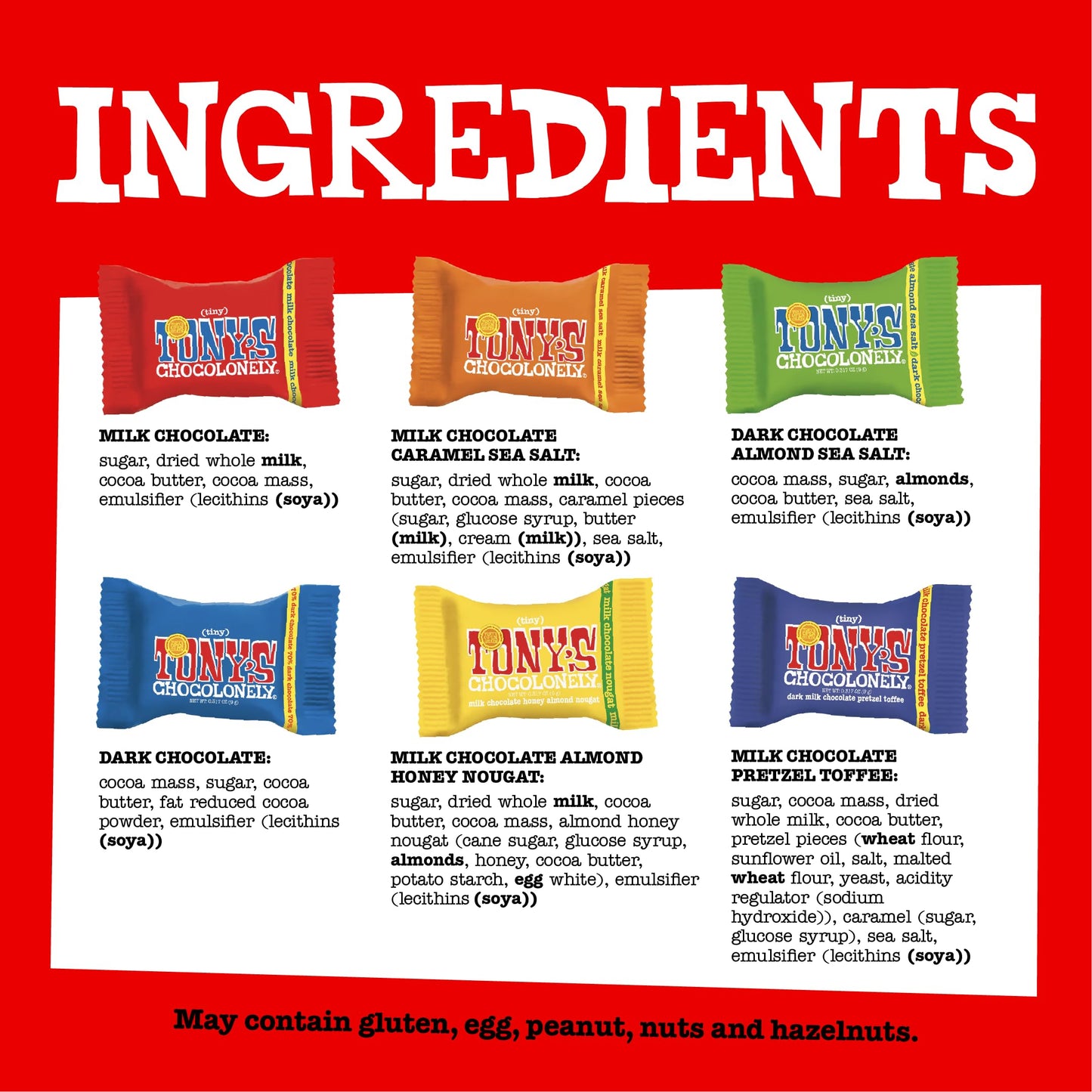 Tony’s Chocolonely Assorted Chocolate Candy Pieces, Belgian Milk & Dark Chocolate, Caramel Sea Salt, Almond Sea Salt, Honey Almond Nougat, Pretzel