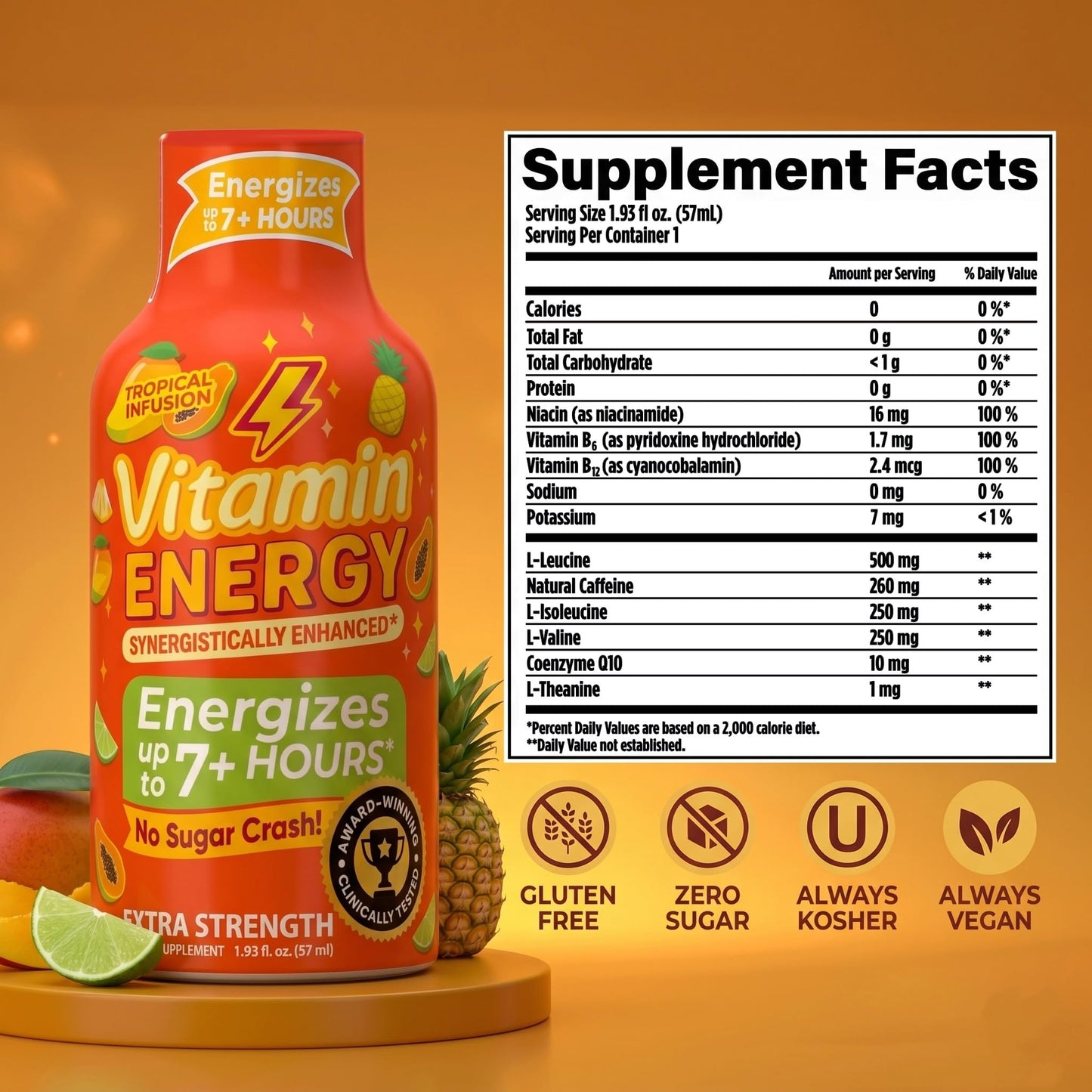 Vitamin Energy Tropical Infusion Extra Strength Energy Shot, 24 Pack - Up to 7 Hrs, 260mg Natural Caffeine, Zero Sugar - BCAAs + CoQ10, Focus Support