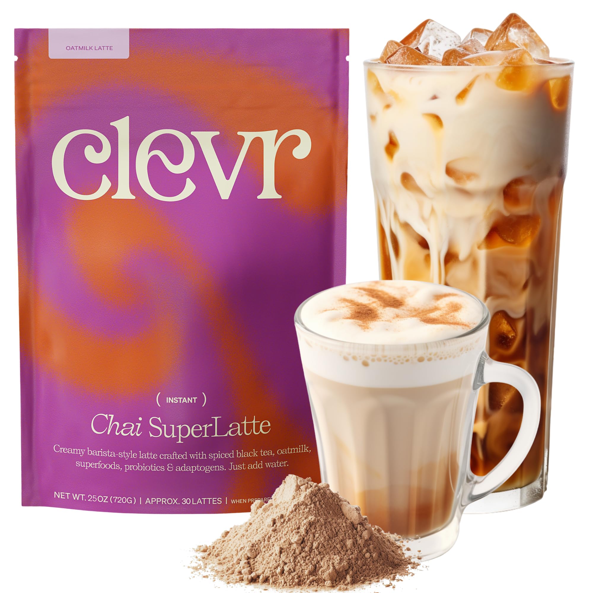 Clevr Chai Tea Latte, Instant Superfood Powder Blend with Lions Mane, Reishi Mushroom, Black Tea, Organic Spices, Coconut Cream, Ashwagandha, Oprah’s