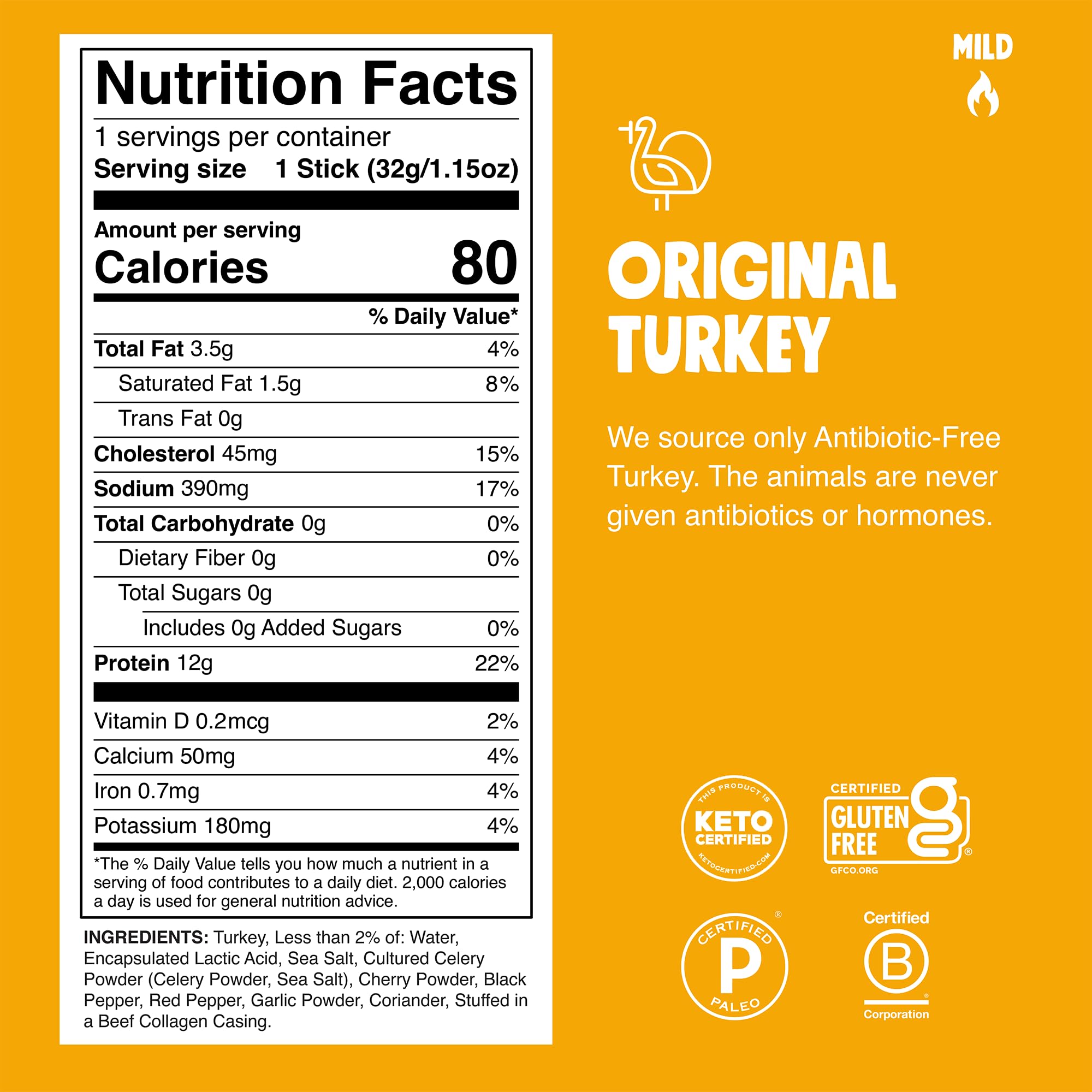 Chomps Original Turkey Jerky Meat Snack Sticks 10-Pack - Keto, Paleo, Low Carb, Whole30 Approved, 12g Lean Meat Protein, Gluten Free, Antibiotic Free