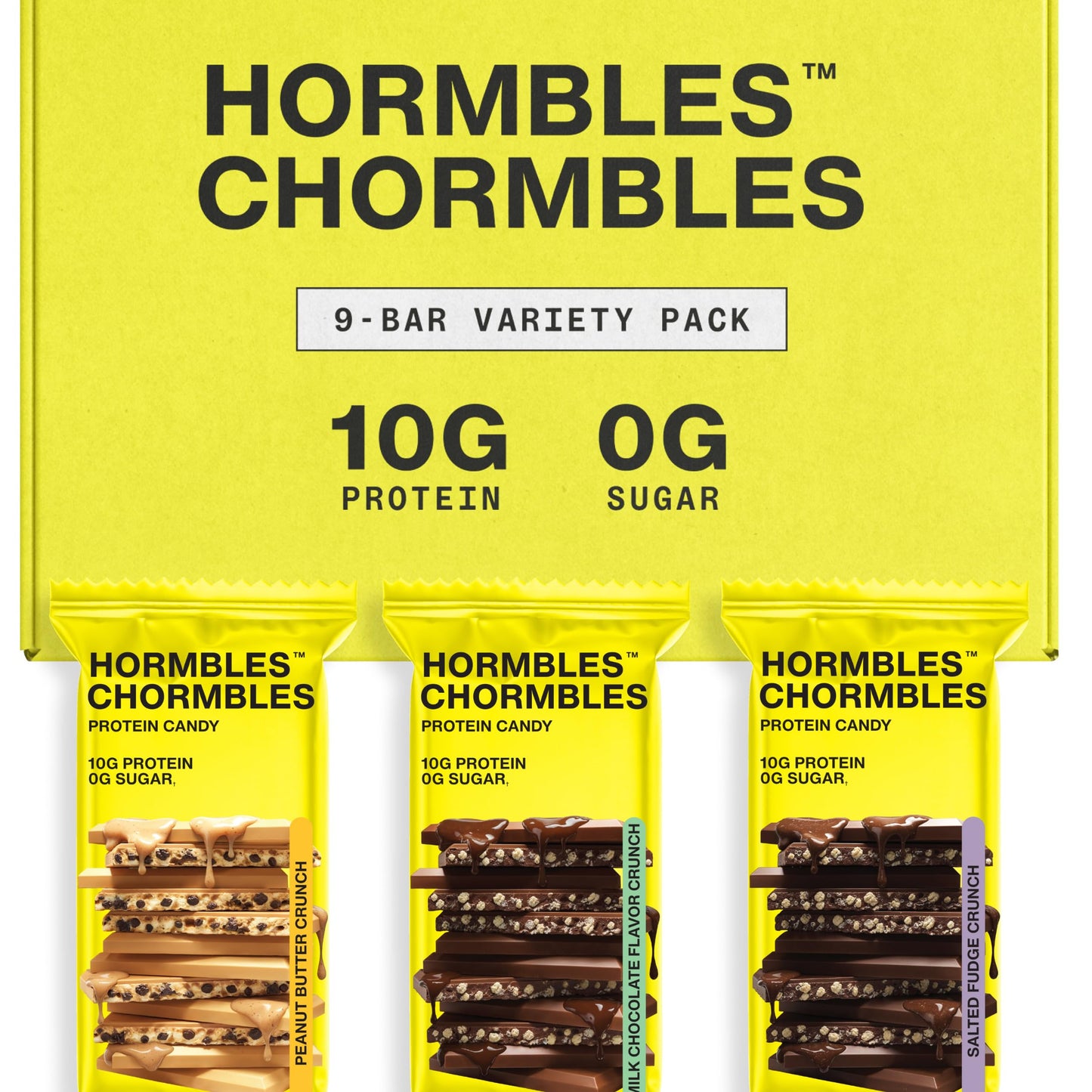 Hormbles Chormbles Protein Candy Bars, Variety Pack, 10g Protein, 0g Sugar, Milk Chocolate, Peanut Butter, Salted Fudge Candy With Crunchy Pieces