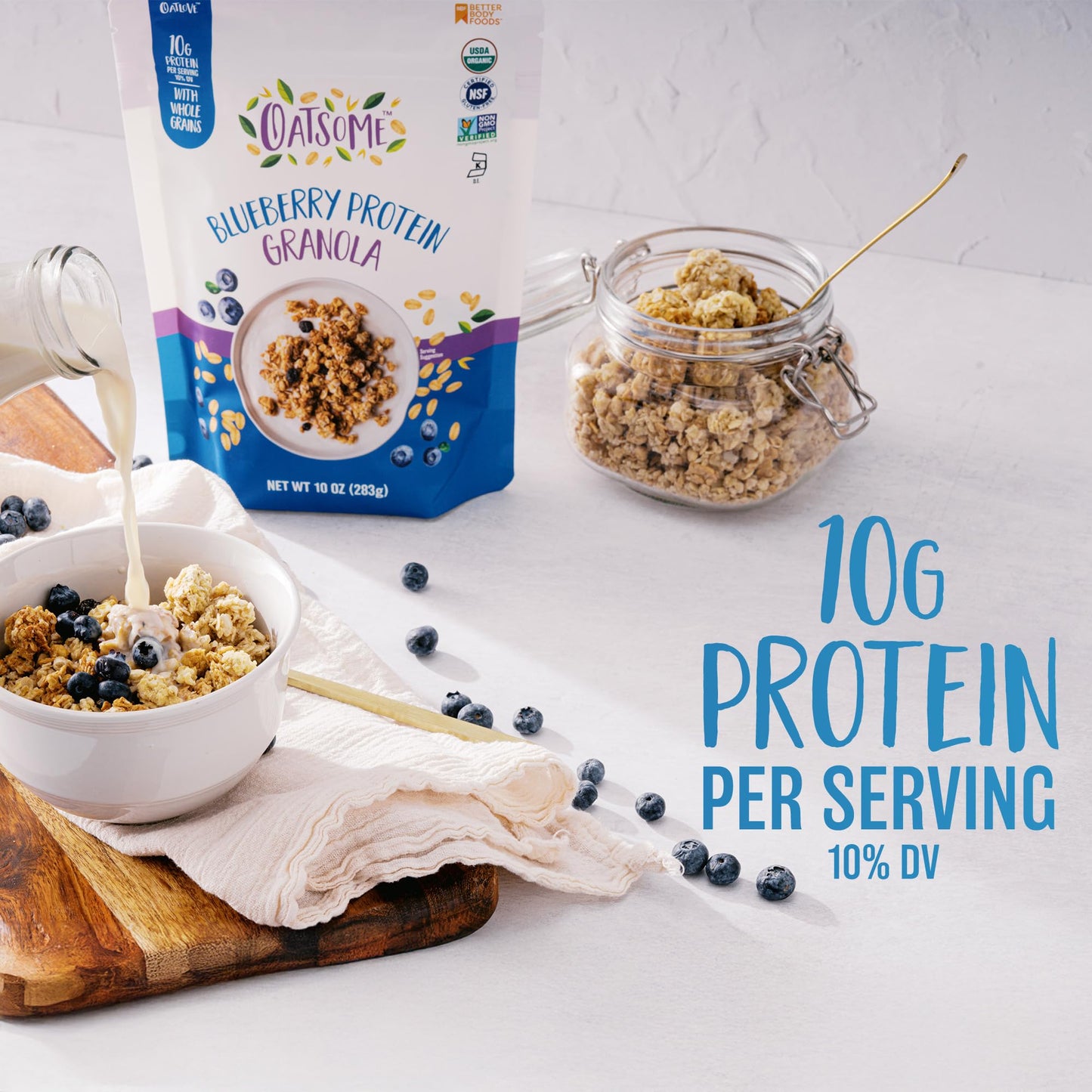 Oatsome Blueberry Protein Granola, 10g Protein, Gluten Free, Made with Whole Grain Organic Oats, Real Blueberries, & Hemp Seeds, for Protein Snacks